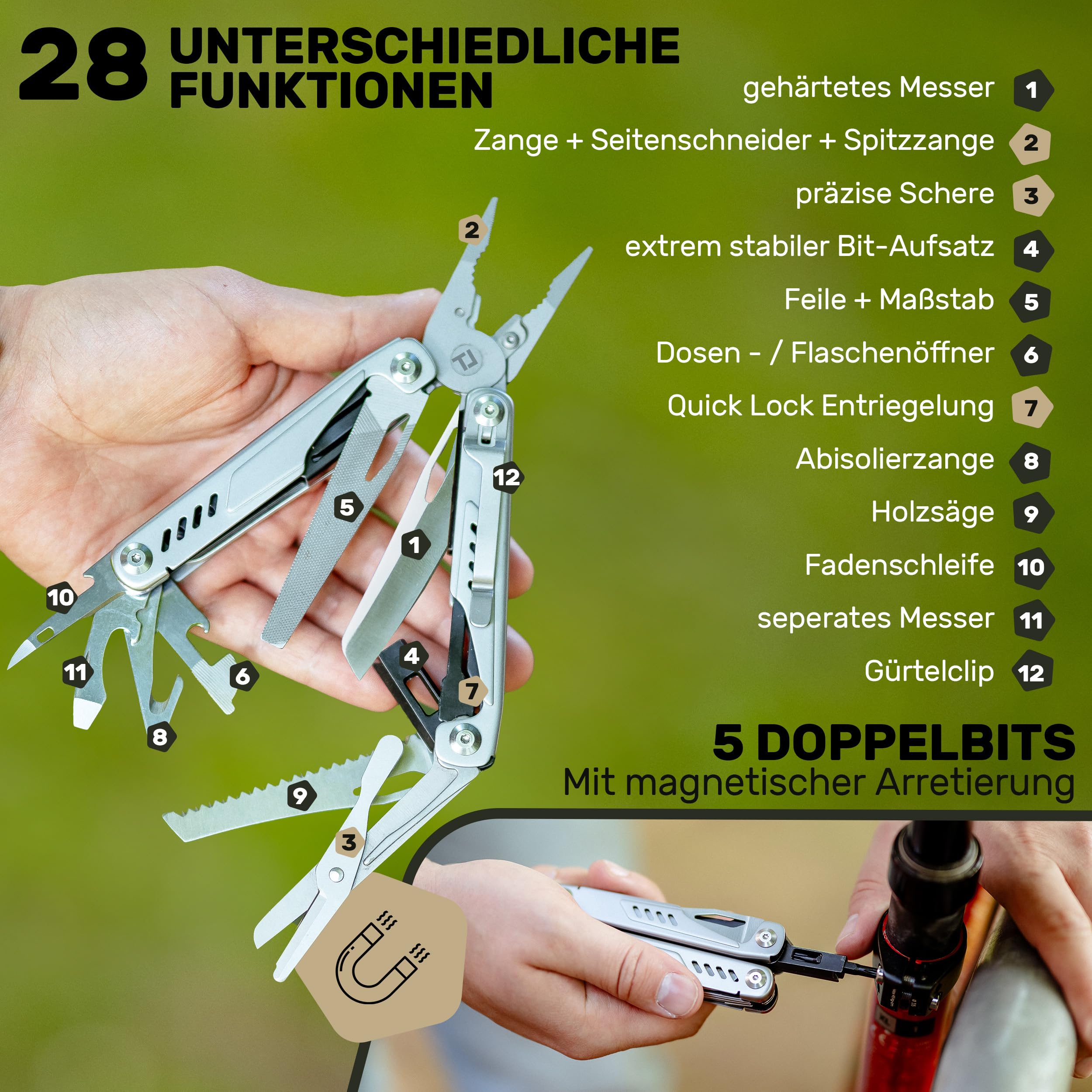 Pince Multifonction en Acier Inoxydable 440C, Multi-Outils Pliant de Poche pour Camping, Randonnée, Pêche et Bricolage (Trail Titan)