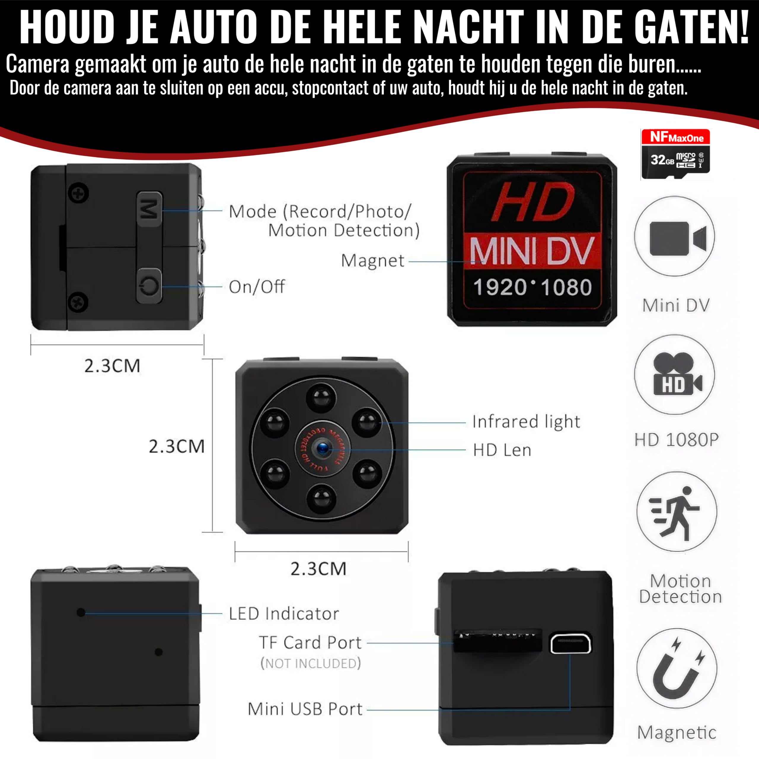 Geen WiFi Beveiligingscamera 1080P FHD Verborgen Camera - Nachtzicht Bewegingsdetectie