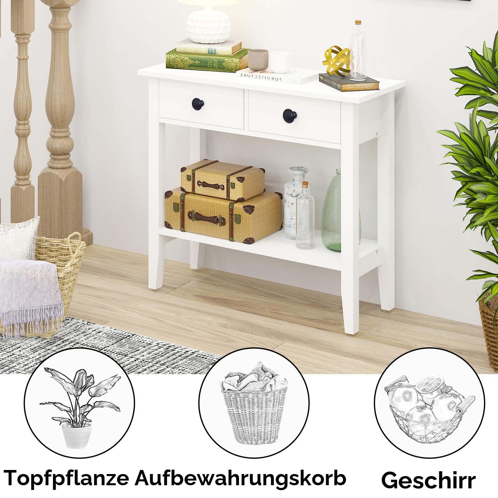 soges Konsolentisch Couchtisch Beistelltisch Sideboard mit 2 Schubladen, Eingangstisch, weiß, für Eingangsbereich, Wohnzimmer, 80 x 34 x 71,5 cm