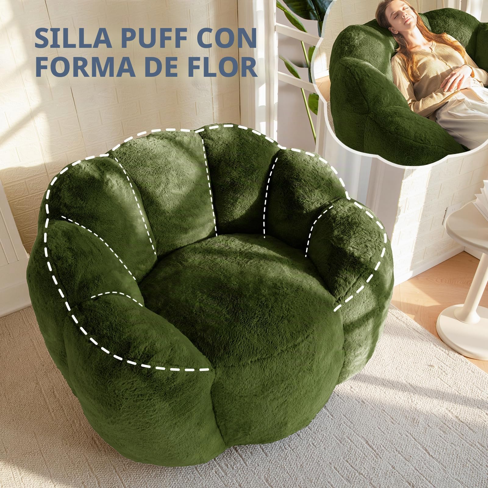 MAXYOYO Sillón Puff, Sofá Puf con Forma Floral, Incluye Relleno, Suave Sofá de Suelo de Piel Sintética, Tamaño Gigante, Ideal para Sala de Estar y Dormitorio