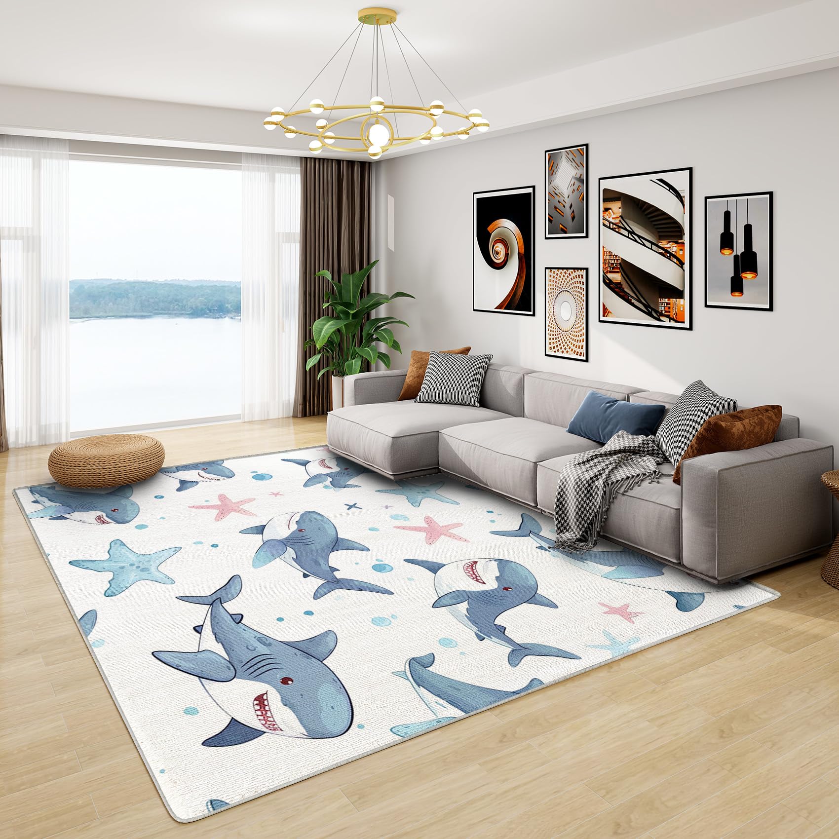 Shark Rug for Kids Room - Cute Shark Rug, Boys Sea Life Starfish Rugs for Living Room Bedroom, Washable Non Slip Soft Large Carpet, Patterned Area Rugs & Home Decor 100x150 cm