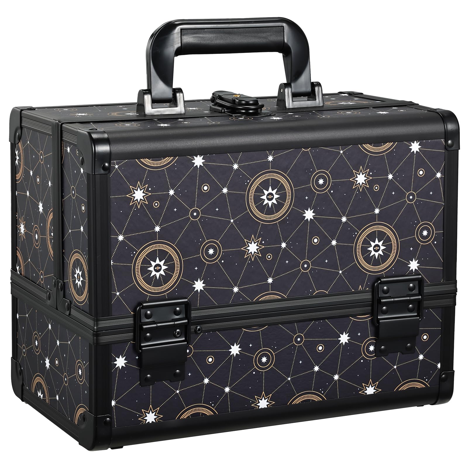 Joligrace 11.8 inch Makeup Train Case Cosmetic Organizer Box Lockable with 3 Trays and a Brush Holder Pattern Collection - Star Chart