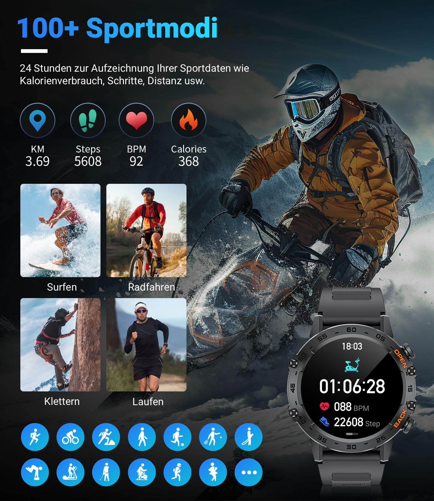 LIGE Smartwatch Herren mit Telefonfunktion, 1,39 Zoll Militär Smart Watch mit 24H Herzfrequenz, Blutdruck, Schlafdauer, 100+ Sportmodi Fitnessuhr, 300+ Zifferblätter, IP67 Wasserfest, Schwarz