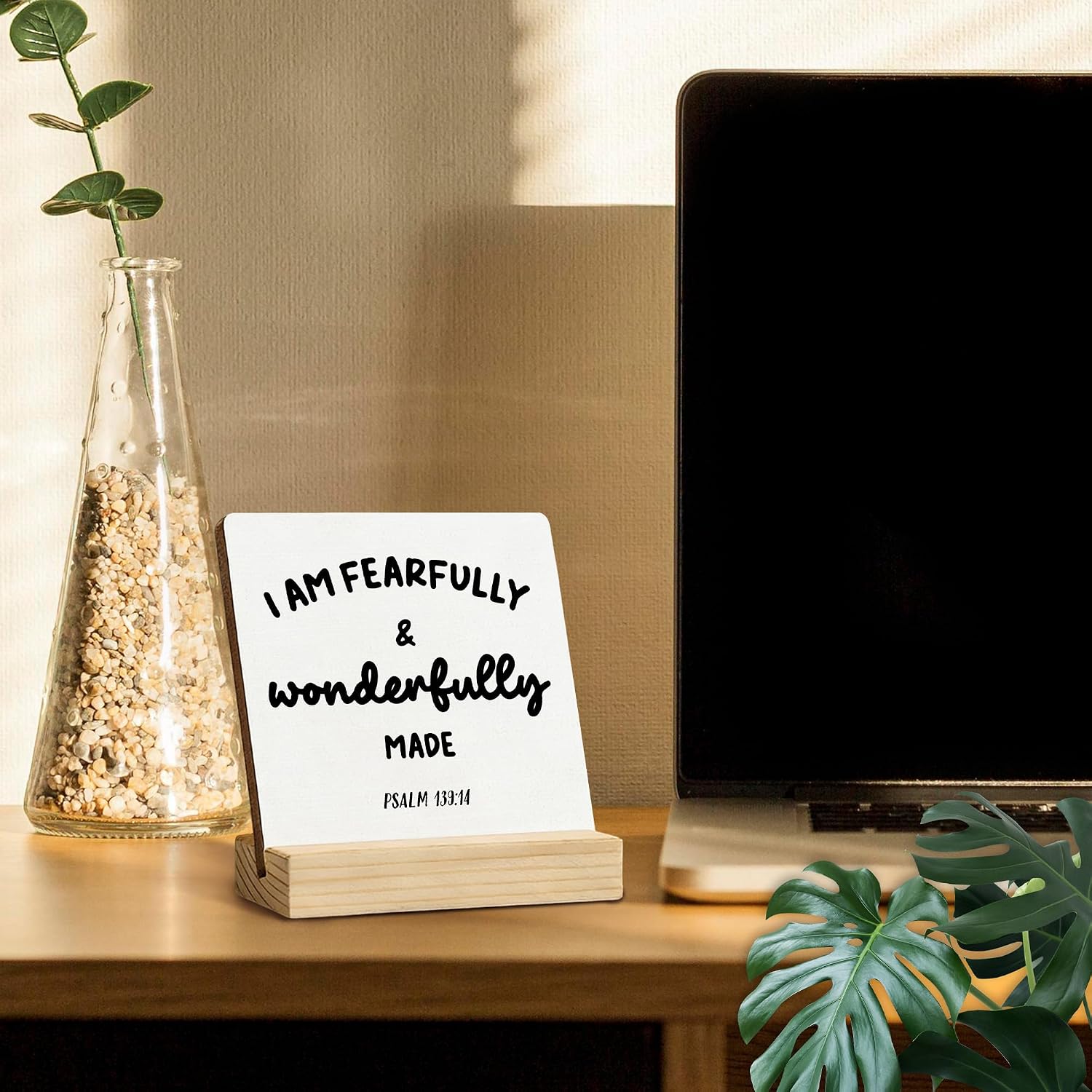 Christian Inspirational Desk Decor, I Am Fearfully and Wonderfully Made Decorative Signs & Plaques, Bible Verses Desk Sign with Wooden Stand for Home Bedroom Office Shelf Table Decor image 2