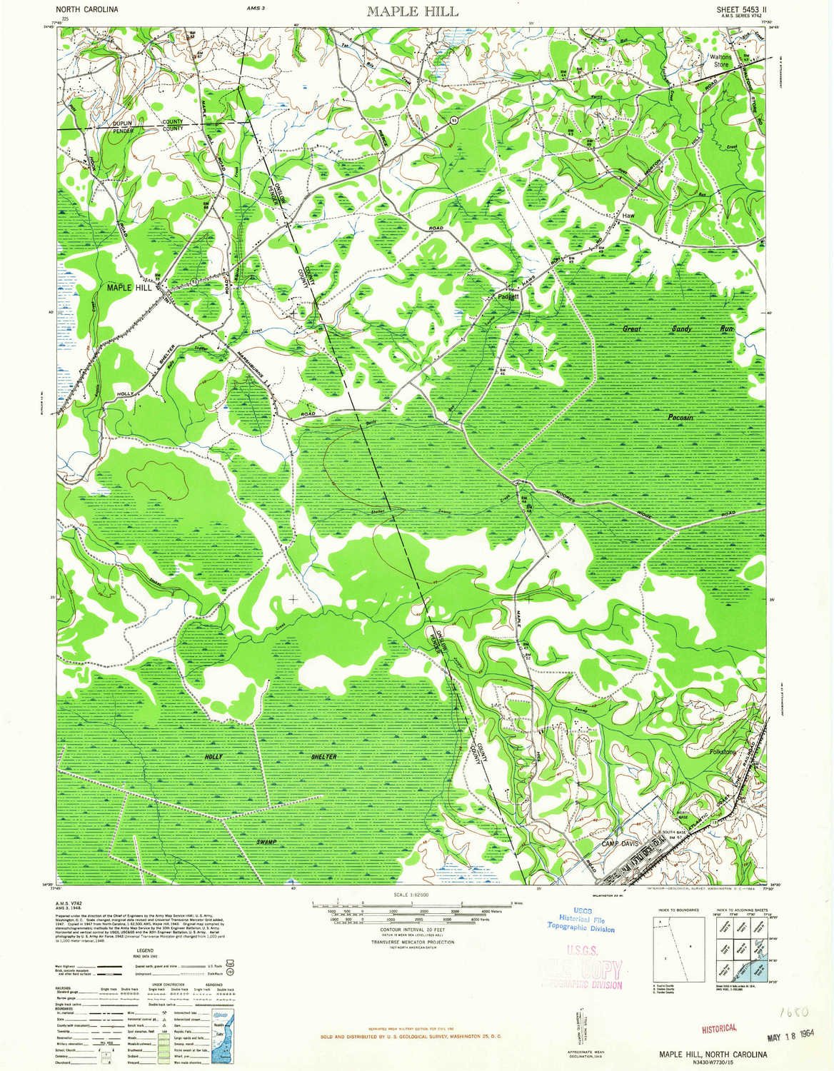 YellowMaps Maple Hill NC topo map, 1:62500 Scale, 15 X 15 Minute, Historical, 1948, Updated 1964, 21.8 x 17 in - Polypropylene