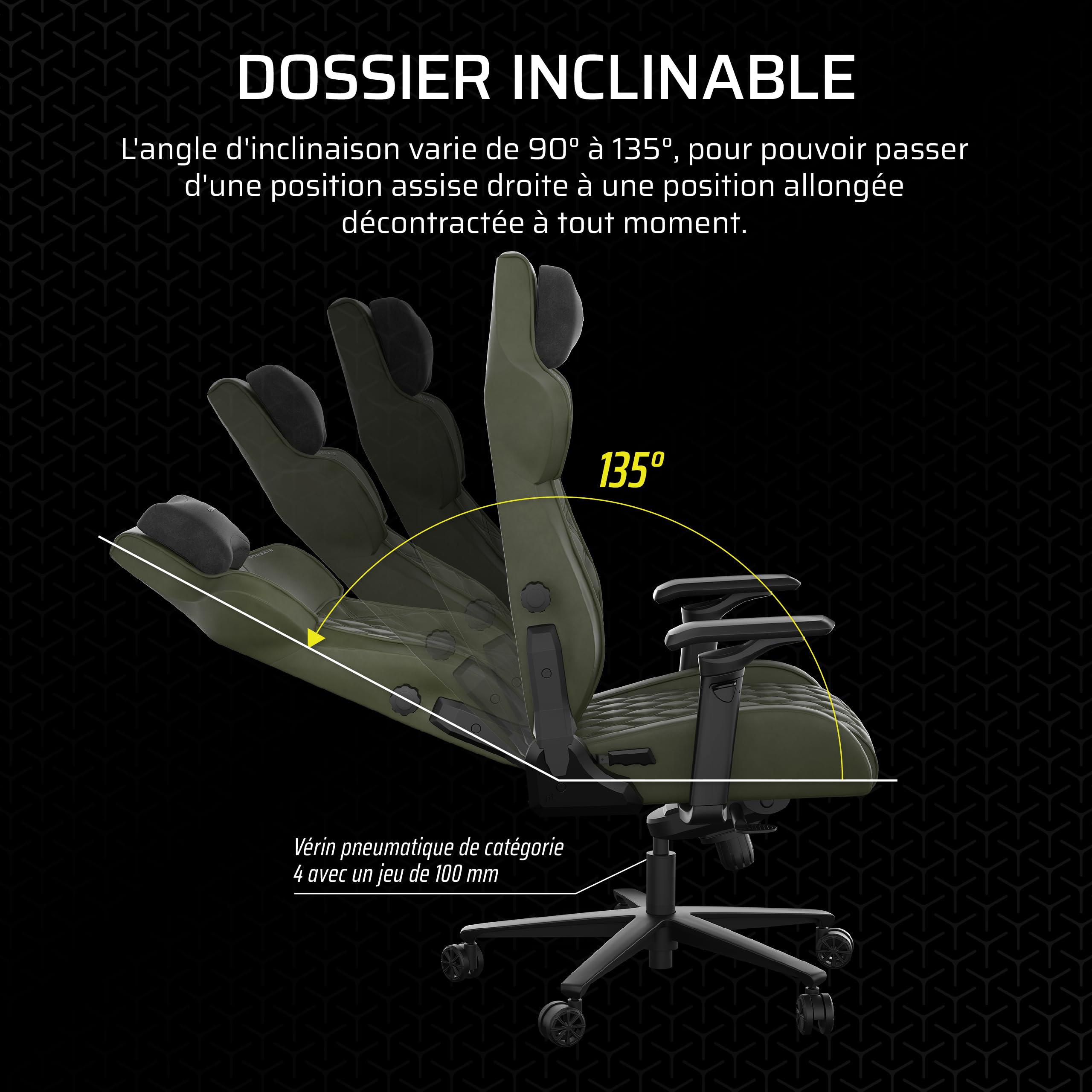Corsair TC500 Luxe Fauteuil Gaming – Tissu Respirant de Qualité Supérieure – Sièges Larges – Accoudoirs Réglables dans Cinq Directions – Support Lombaire Réglable – Inclinaison 90-135° – Sherwood