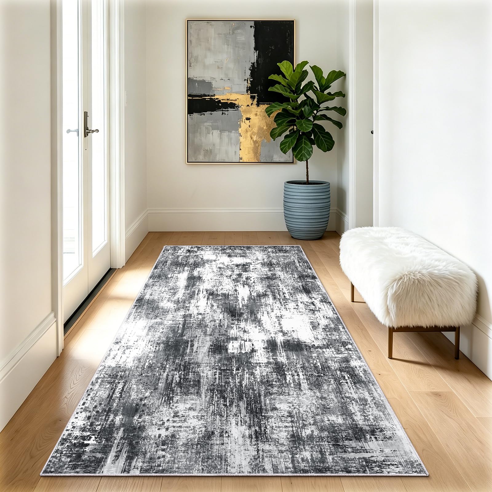 Teppich Wohnzimmer 80x150cm Schwarz Weiß Waschbare Teppiche Kurzflor | Modern Rutschfest Abstrakter Muster Teppich Kurzflor Rugs for Living Room Carpet for Esszimmer Büro