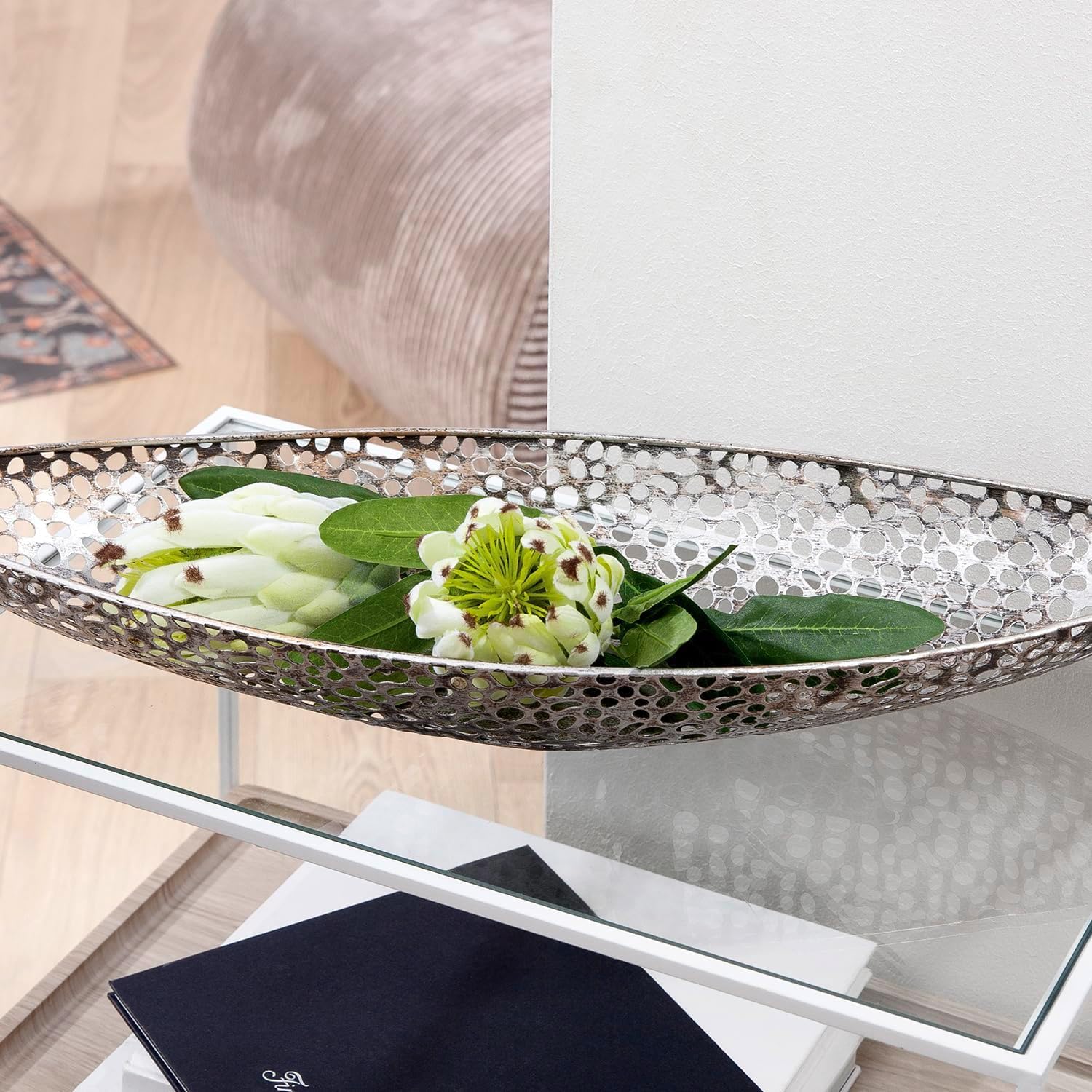 GILDE Schale Deko XL Chico - Metall Dekoschale Wohnzimmerdeko - Tischdeko Frühling Deko silber Schlüsselschale Schlüsselablage - Länge 59 cm