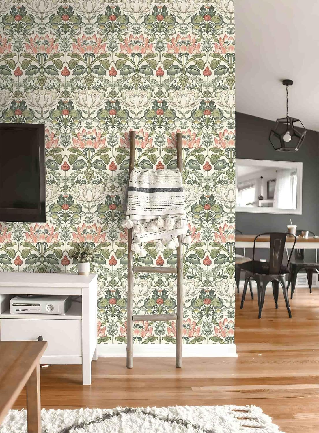 Vintage Botanical Floral Peel and Stick Wallpaper Acanthus Floral （Beige & Green） Art Nouveau Flower Pattern for Home Decor | 17.7" x 236", Self-Adhesive, Waterproof Vinyl
