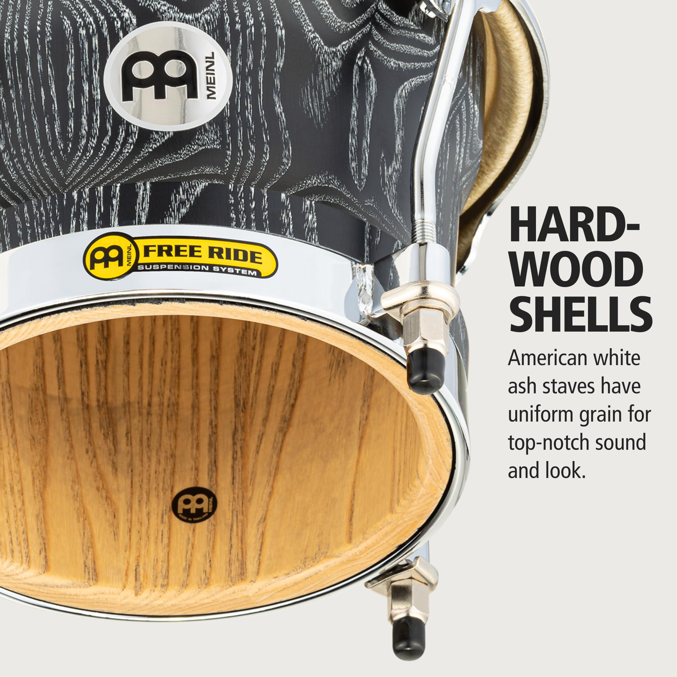 Bongos profesionales Meinl con cáscaras de ceniza blanca americana y herrajes cromados, acabado negro vintage – no fabricado en China – sistema de suspensión de paseo (WB400VBK-M)