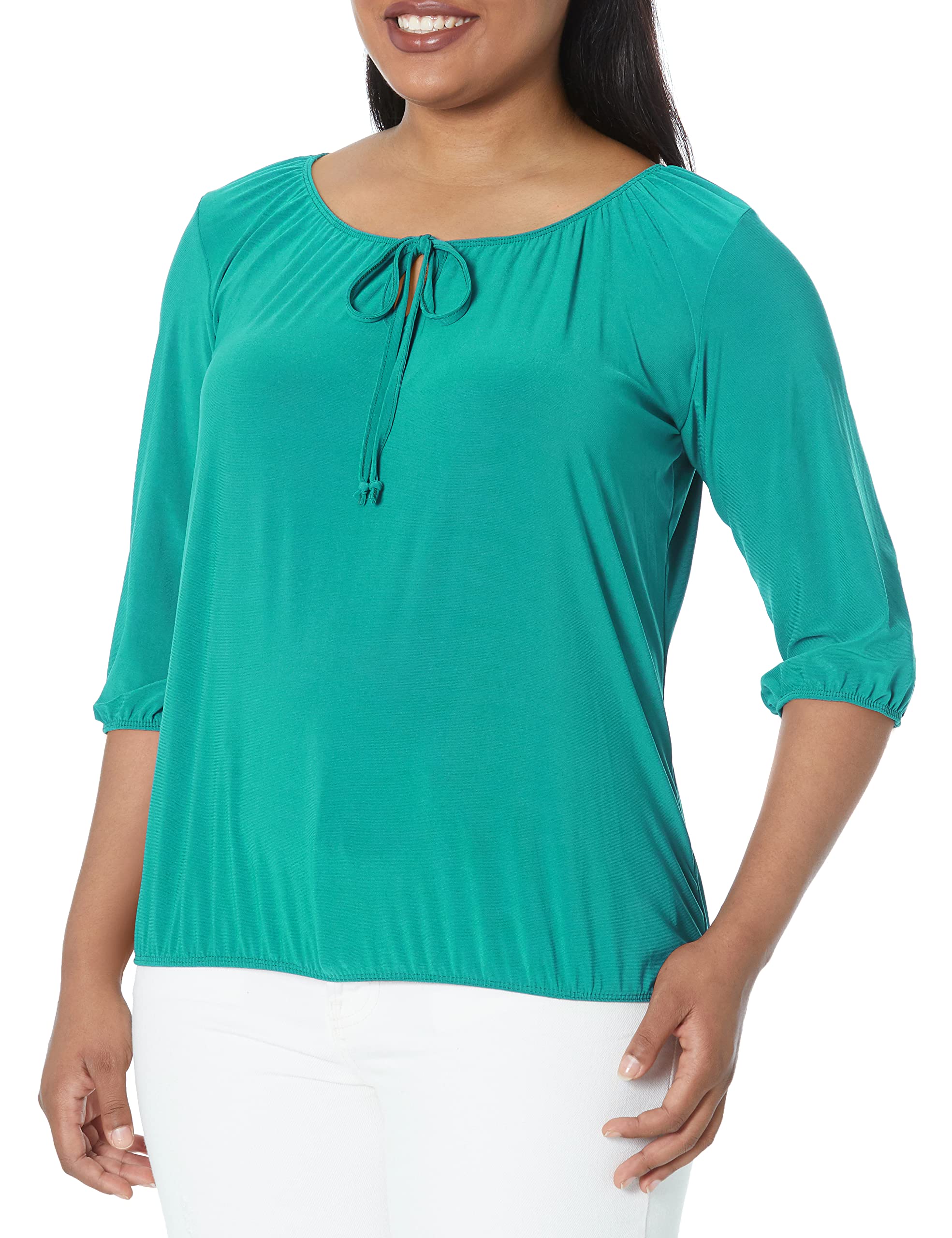 Star Vixen womens3/4 Sleeve, Front Tie Peasant Top 3/4 Sleeves Blouse - Green - Small Petite