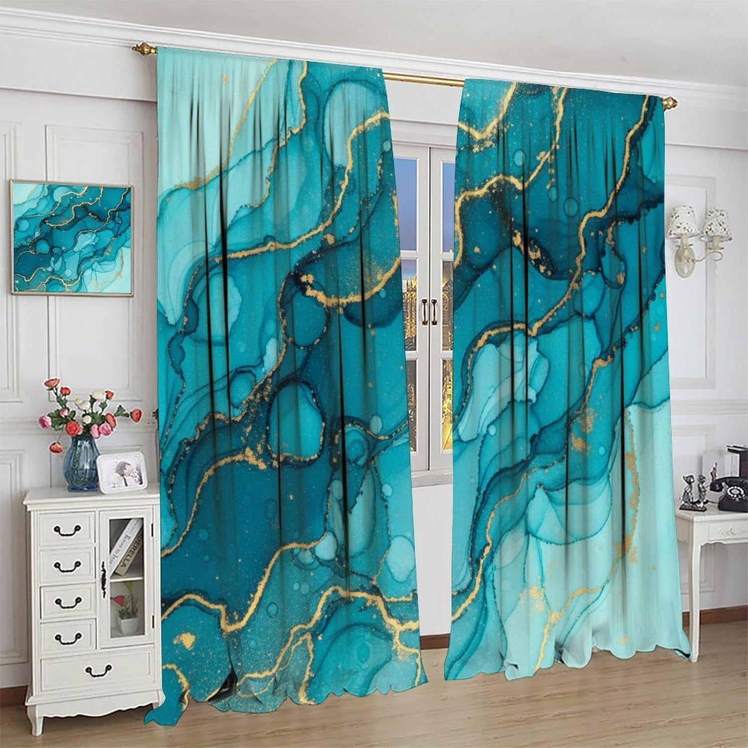 Blue Gold Marble Curtains Abstract Texture Modern Luxury Crack Art Pattern Blackout Window Drapes for Bedroom Living Room Home,2 Panels Set,42x45 Inch