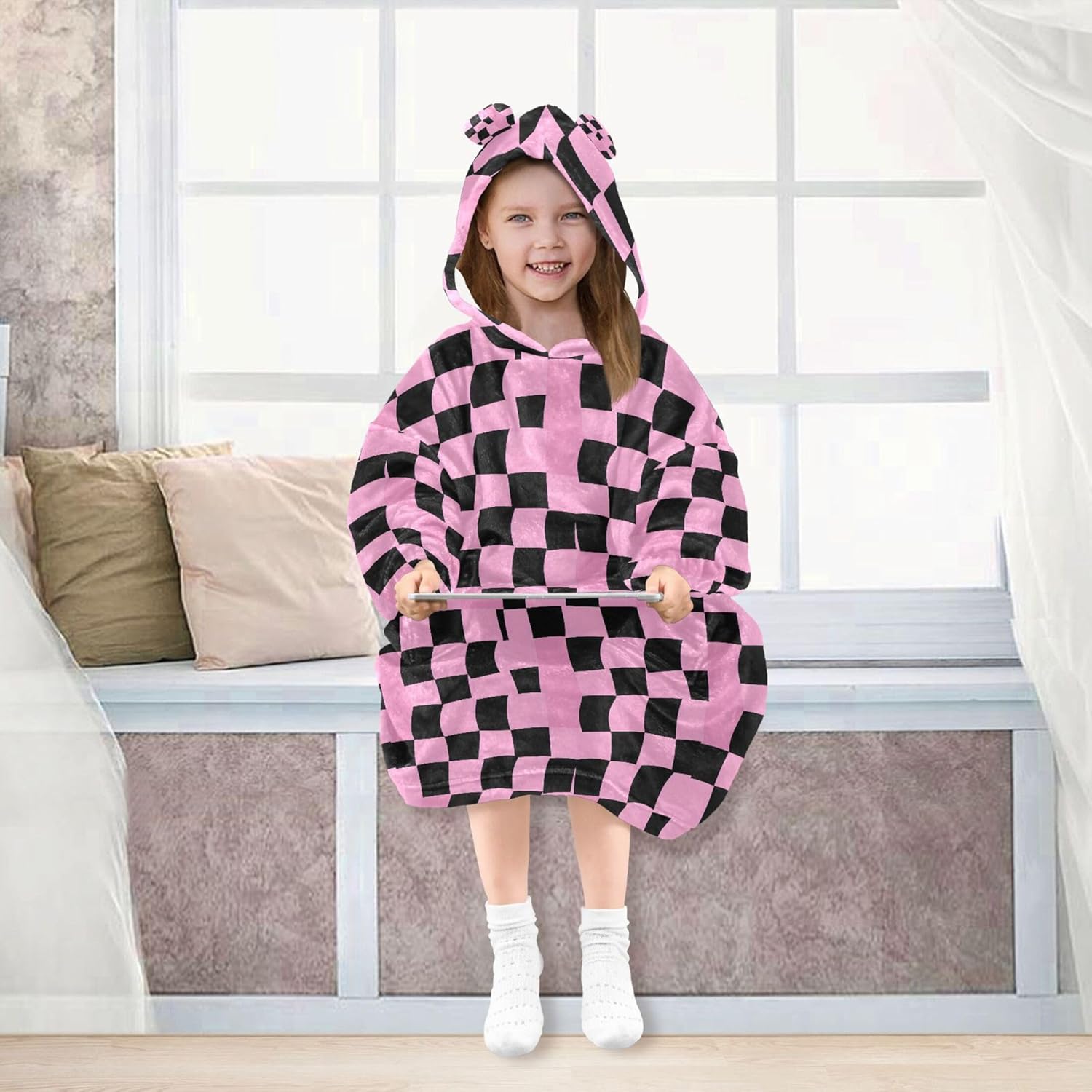 Pink Black Buffalo Check Plaid Kids Wearable Blanket Hoodie and Sleeves for Toddlers, Cute Hoodies Girls B0403656