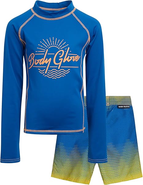Body Glove Boys' Rash Guard Set - 2 Piece UPF 50+ Quick Dry Swim Trunks and Long Sleeve Swim Shirt (4-12)