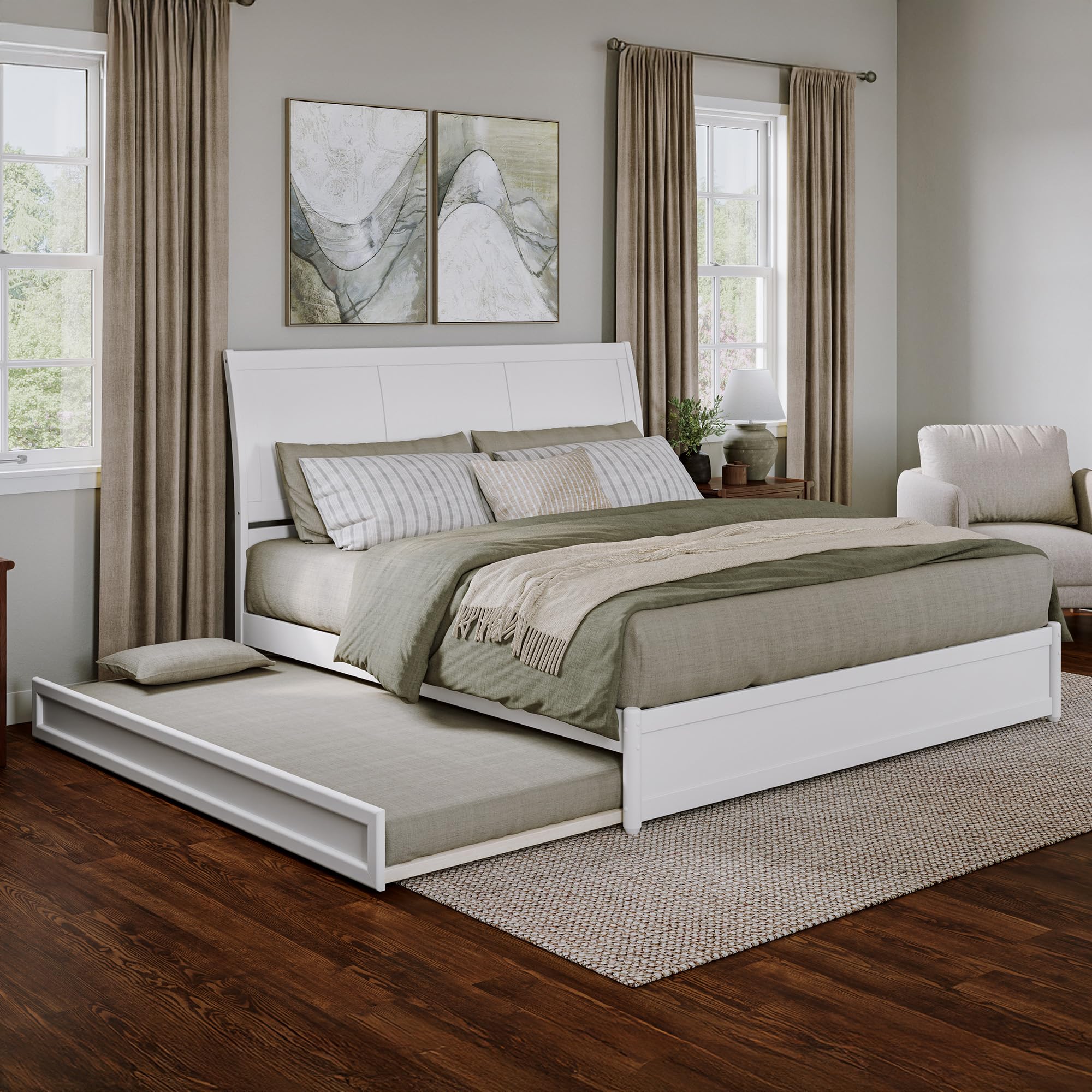 AFI, Andorra King Platform Bed with Panel Footboard & Twin XL Trundle, White
