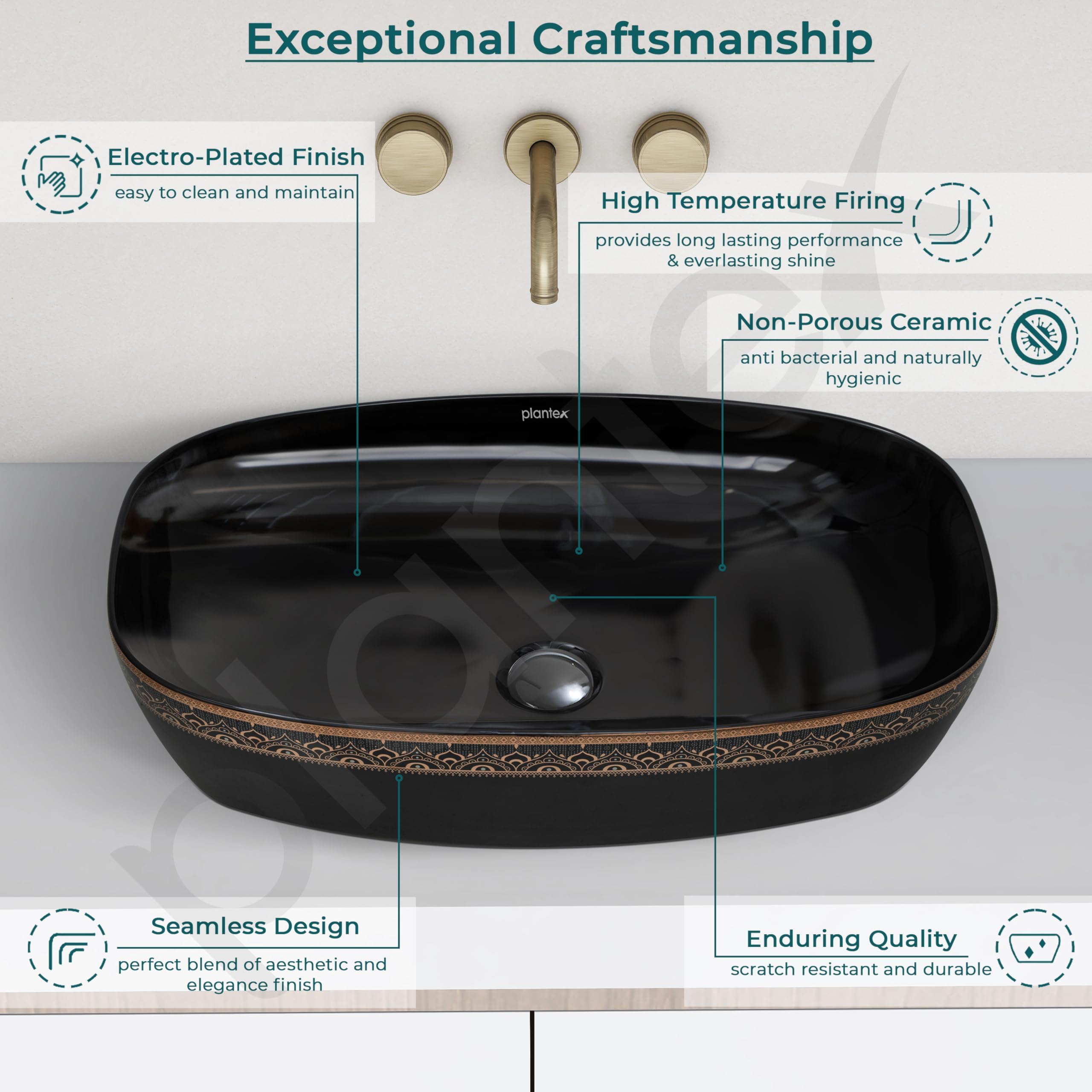 Plantex Ceramic Table Top Washbasin For Bathroom/Hand Wash Sink/Rectangle Countertop Vessel Sink Basin For Home/Office/Hotel (Black - 23.5 X 15 X 5 Inch) 2