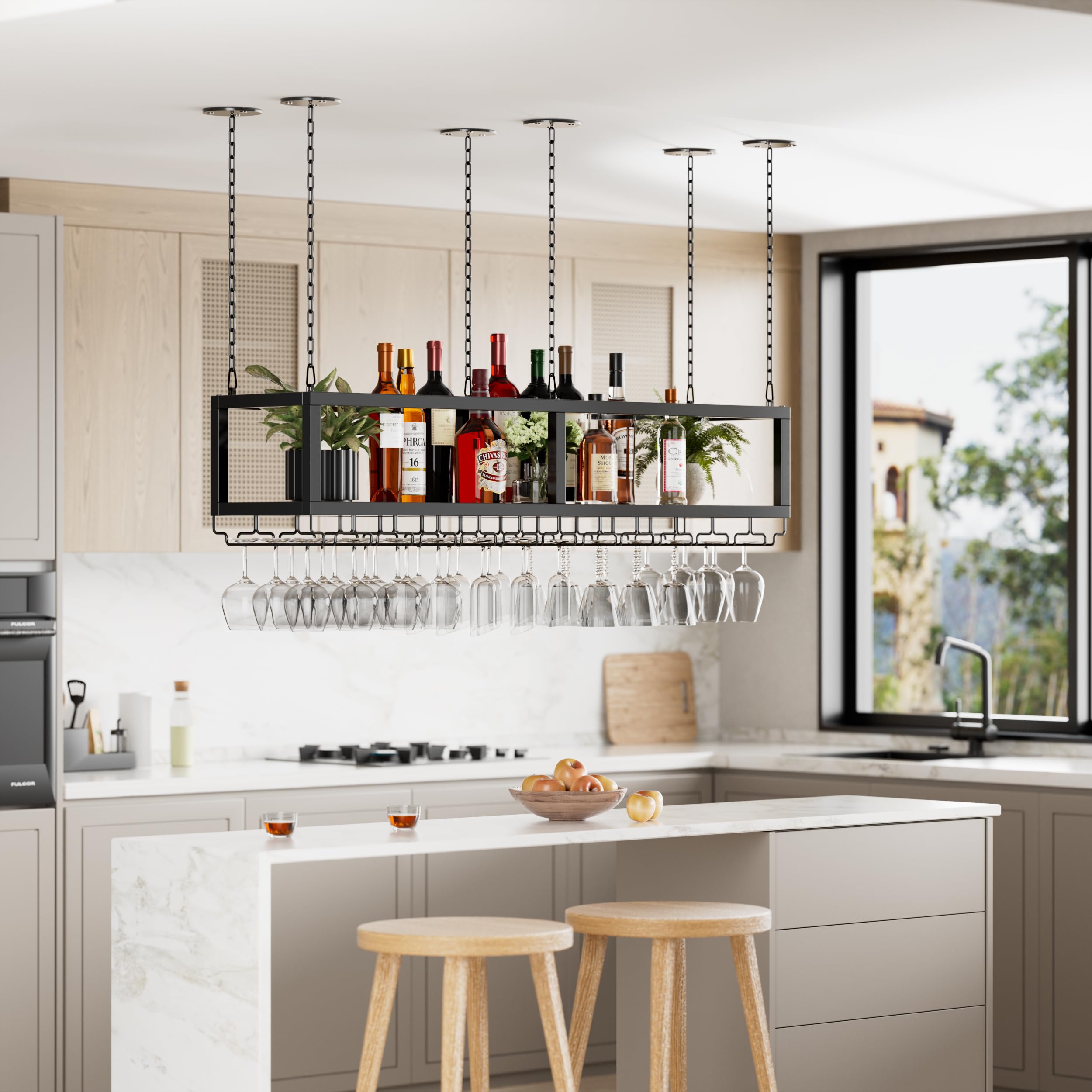 MSFE Portabottiglie da Soffitto Industriale Mensola da Soffitto Porta Bicchiere da Vino Sospeso Regolabile in Altezza Espositore Portabottiglie per Cucina Bar Caffetteria (120CM)