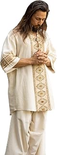 MAHADI Beige Mens Shamanic Top Ceremony Shirt Natural Cotton Block Printed Tribal Patterns Ritual Festival Boho Wedding Best Man AJJAYA
