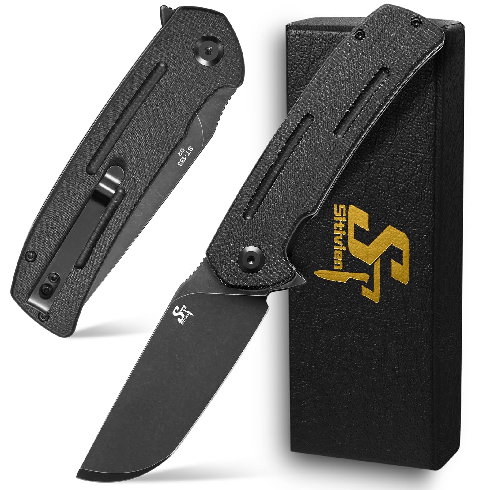 Sitivien ST133 Folding Knife,D2 Blade,Micarta Handle EDC Tool Knife for Outdoor Camping Hiking(Black)