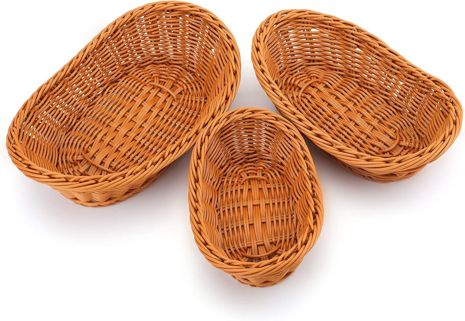 Yarlung Set of 3 Oval Woven Breads Baskets, Small Stackable Poly Wicker Fruit Baskets for Serving Vegetables, Kitchen, Restaurant, Outdoor, Imitation Rattan Brown, 3 Sizes