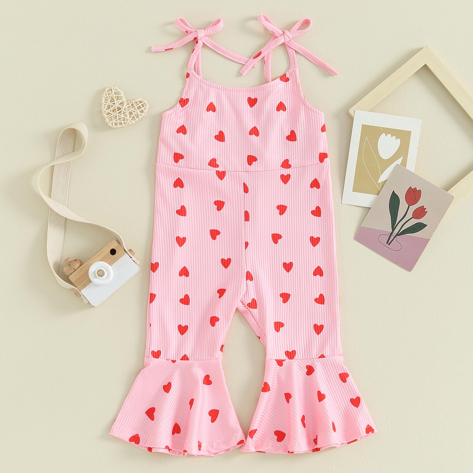 Toddler Baby Girls Valentine's Day Suspender Overalls Sleeveless Heart Print Flare Jumpsuit Bell Bottom Pants Romper (B-Pink, 18-24 Months)