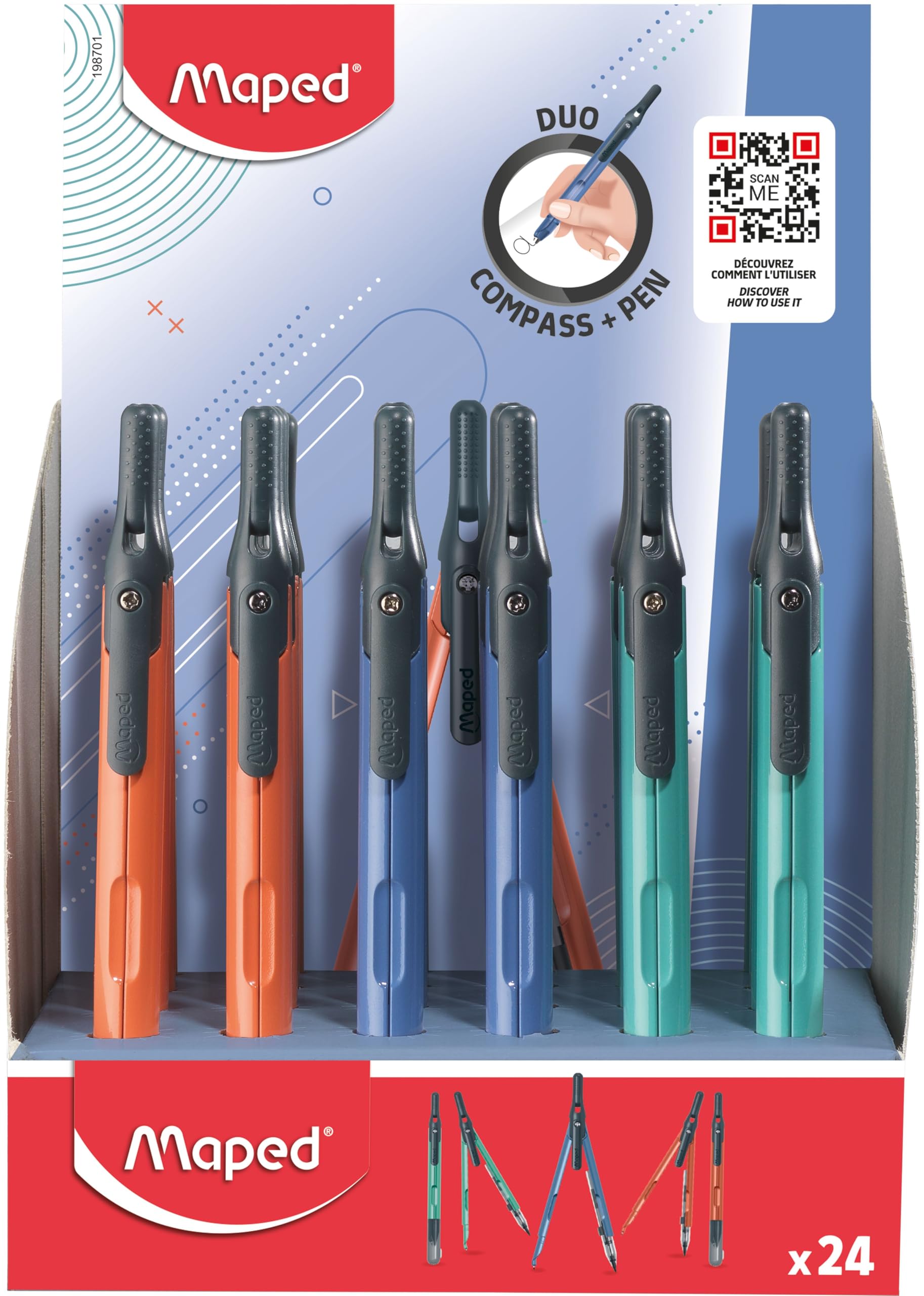 Maped - Display Bancone 24 Bussola Matita con Miniera Automatica - Design Ergonomico - Cappuccio Protettivo - Fornitura Scuola Sicuro - 3 Colori