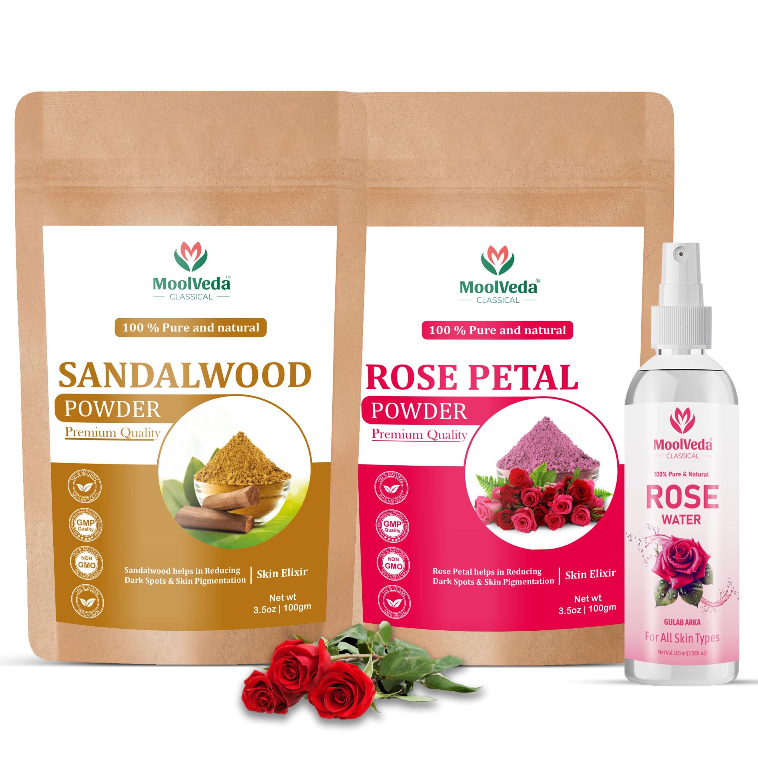 Pure & Original Sandalwood (Chandan) Powder & Rose Petal Powder Special Combo For Face, Skin, Skin Whitening, Face mask, Face Pack and Facial, Skin Care, (Each 100Gm, Rose water Free)