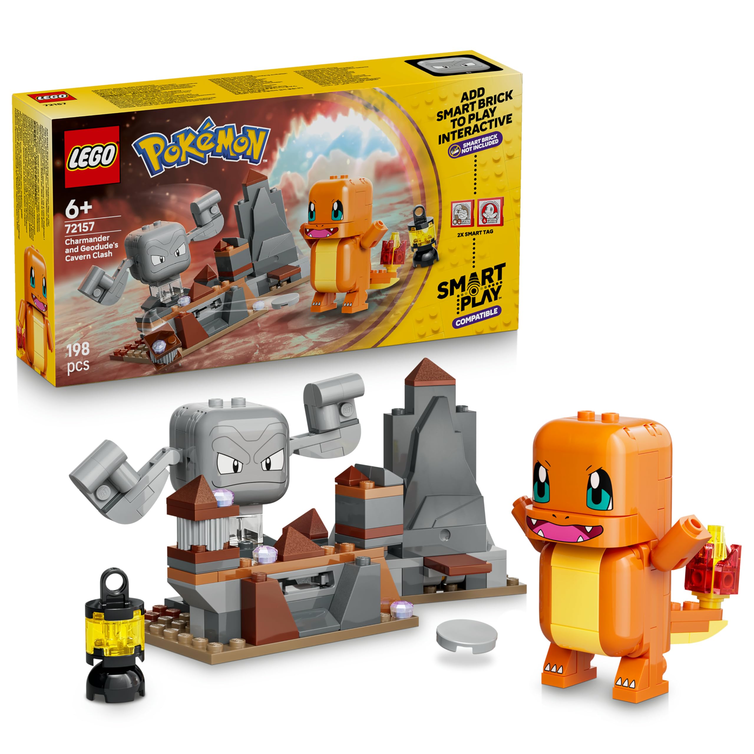LEGO Pokémon SMART Play: Charmander and Geodude’s Cavern Clash - Compatible Interactive Toy Set Incl. 2 SMART Tags and 2 Pokémon - Gift Idea for 6+ Year Old Boys and Girls - 72157