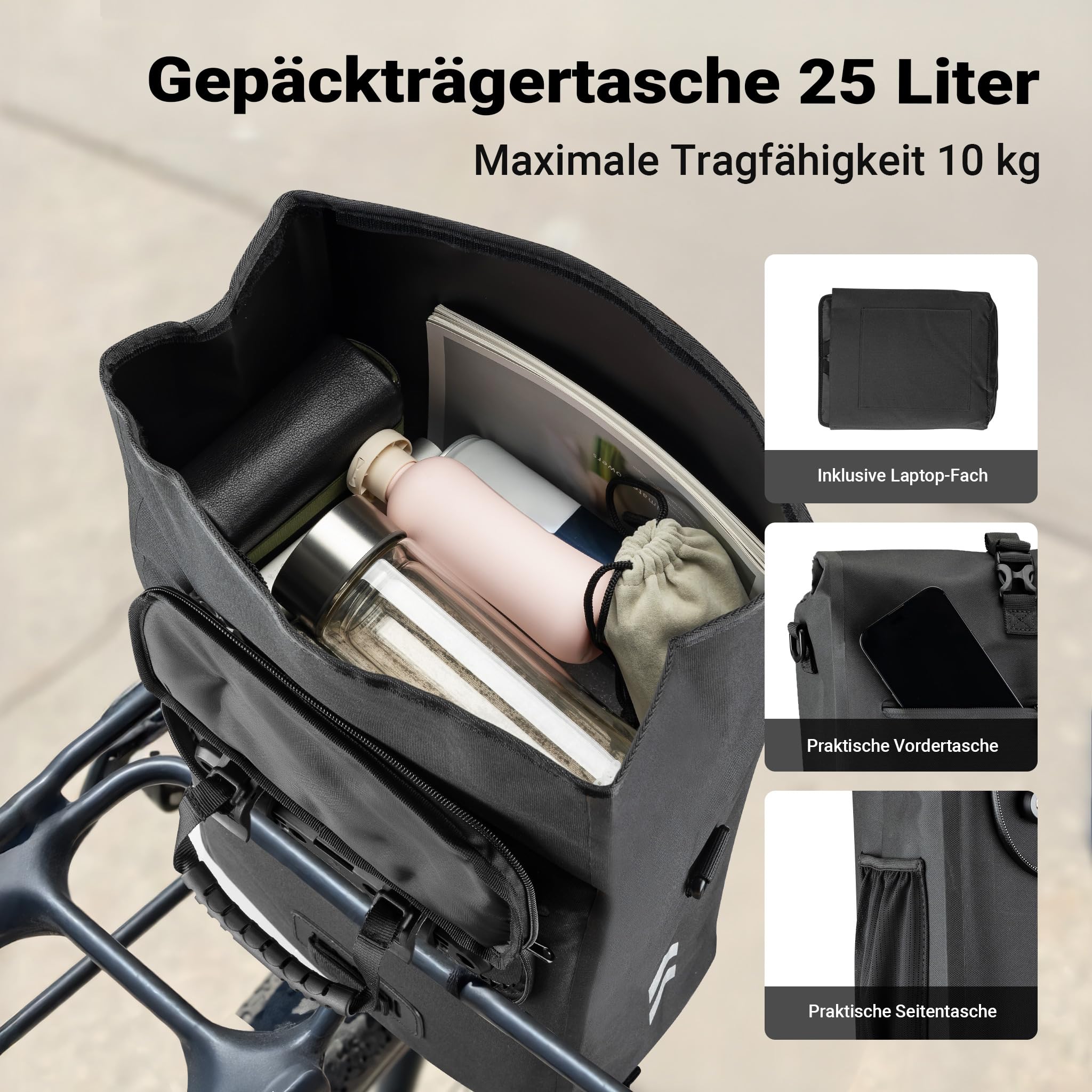 Wiltec Gepäckträgertasche schwarz, Fahrradtasche Rucksack 25 l Stauraum, Gepäcktasche mit Laptopfach, wasserresistente Fahrrad Tasche