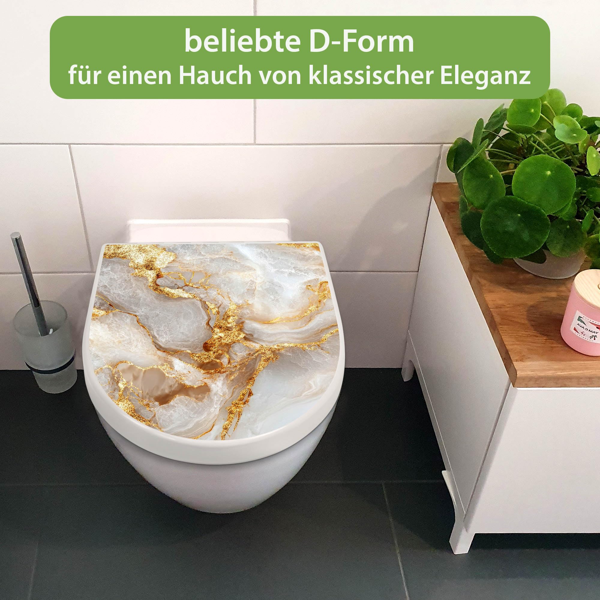 banjado WC Sitz mit Absenkautomatik D Form - Toilettendeckel mit Absenkautomatik D Form - Klodeckel Softclose - stabile Klobrille - Toilettensitz Weiß - Motiv Weißer Marmor mit Gold 1