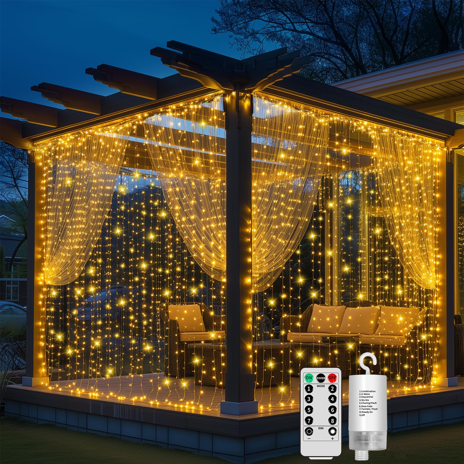 GCMacau 600 LEDs Cortina Luces Jardín Batería 6x3m, Cortina De Luces Con Pilas Interior/Exterior, Luces de Hada Colgantes Funcionan con Batería y Mando a Distancia, Luces de Hada para San Valentín