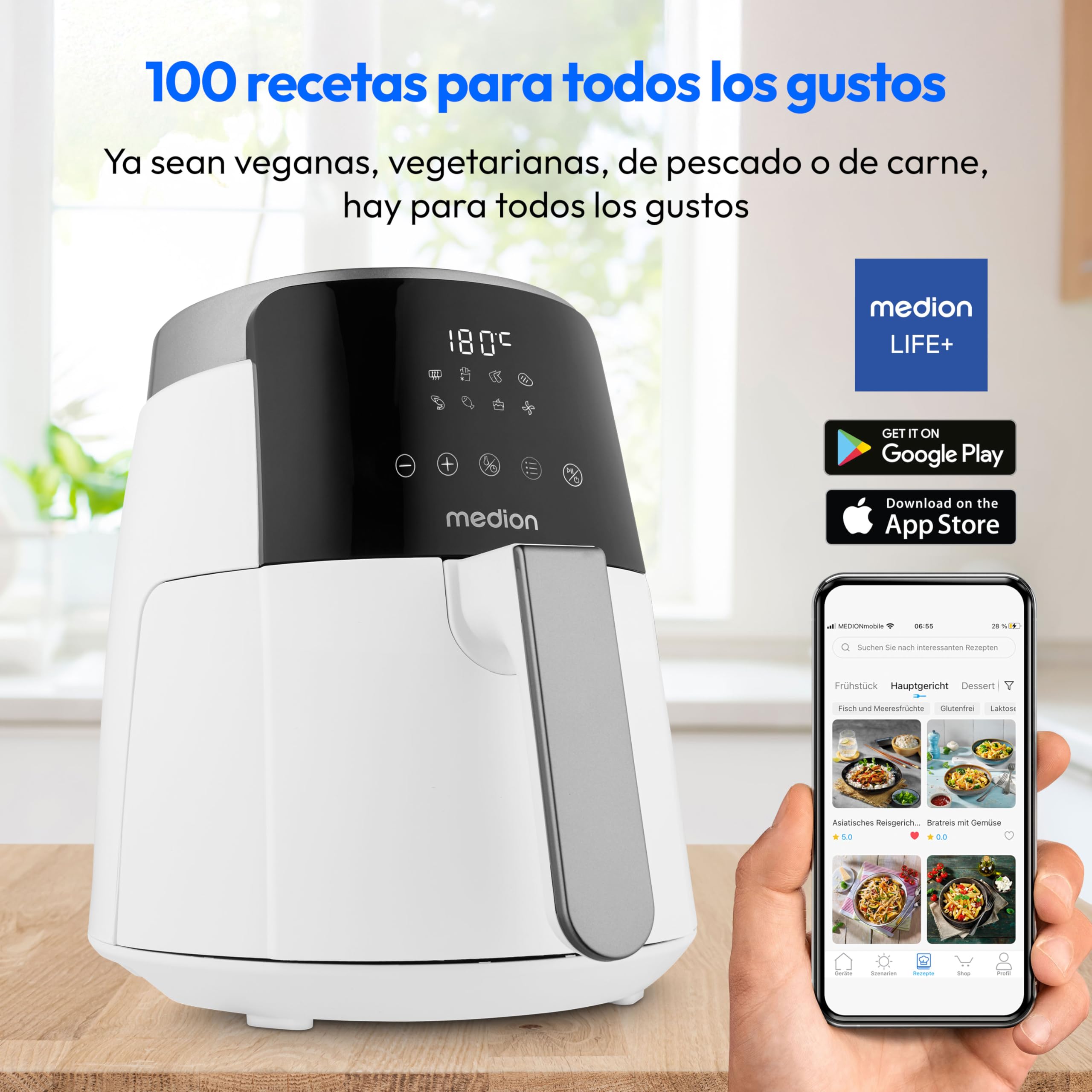 MEDION Freidora de aire caliente P40 L (4,7 litros, 1500 vatios, fácil manejo, freír sin aceite, temporizador de 60 minutos, hasta 200° C, revestimiento antiadherente, MD13030) blanco