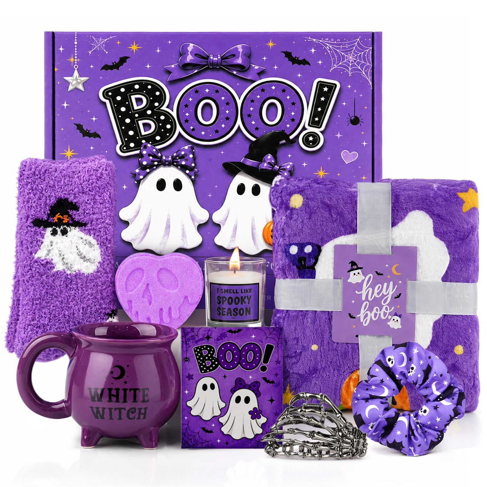 Boo Basket Stuffers for Women,Halloween Gifts Set for Her, Ghost Purple | Blanket Spooky…