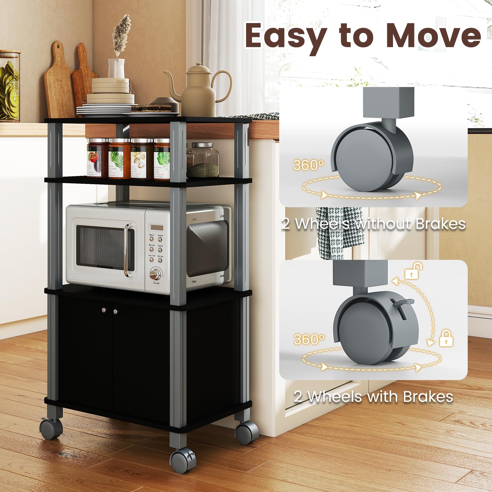 KOMFOTTEU Carrello da Cucina a 3 Livelli per Microonde, Carrello Portaoggetti con Ruote e Armadio con Porta, Carrello di Servizio in Legno, Organizer per Sala da Pranzo, 60 x 40 x 98 cm (Nero)