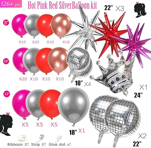 Miniatura 7 de Kit de arco de guirnalda de globos rosa intenso y plateado con bola de discoteca, globos Starburst, temática de princesa, discoteca de los años 90,