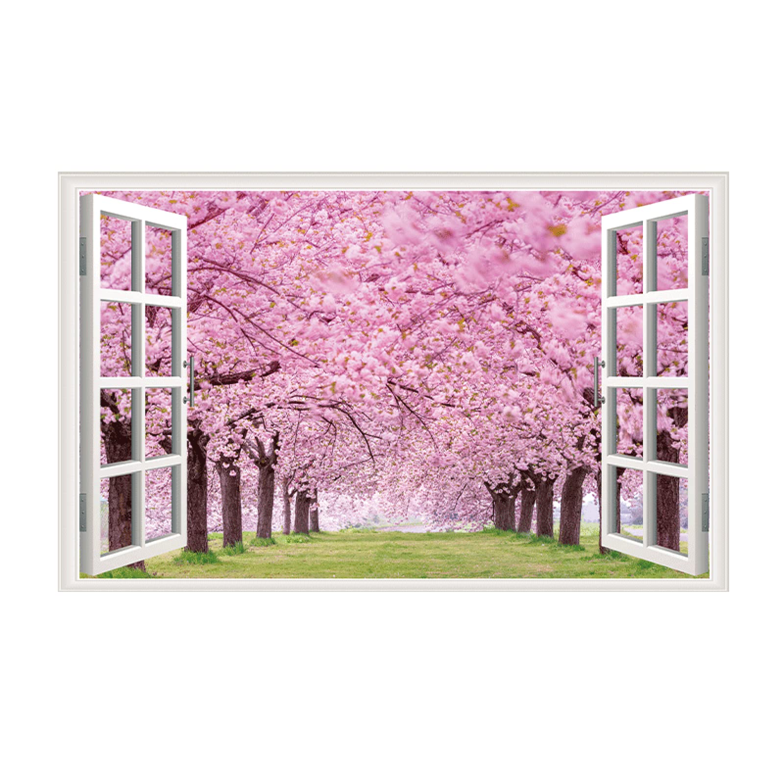 Cherry Blossom Fake Window Sticker Window Poster 3D Sticker Wallpaper Sticker Landscape Sticker Removable Waterproof Ocean Beach Palm Tree Wall Decor Nature Landscape Wall Decor 17.1 x 27.6 inches (43.5 x 70 cm) (G)