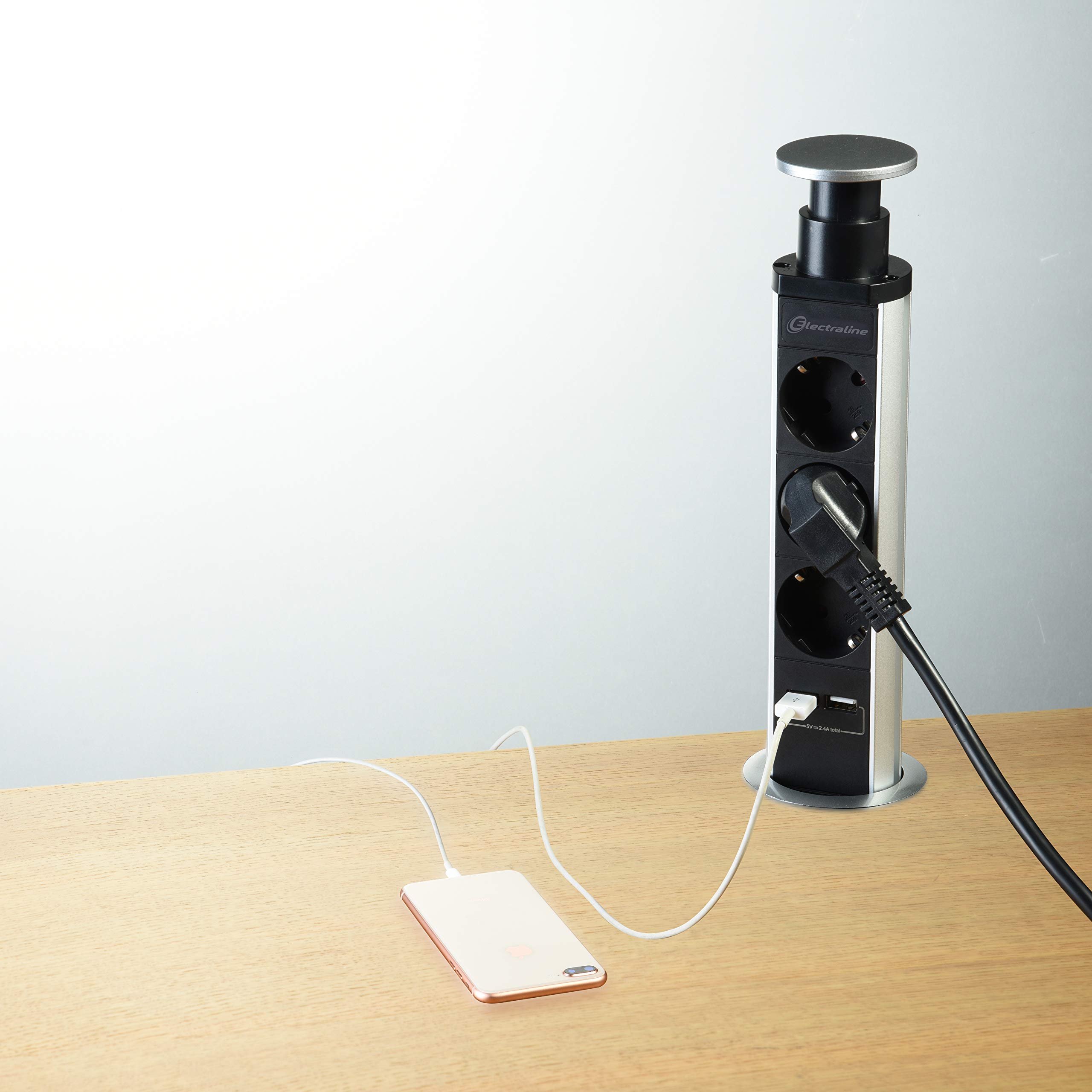 Electraline 62557 Bloc Multiprise de Bureau Escamotable 3 Prises + 2 USB, diamètre Standard 60mm, Prise encastrable pour Cuisine, Bureau