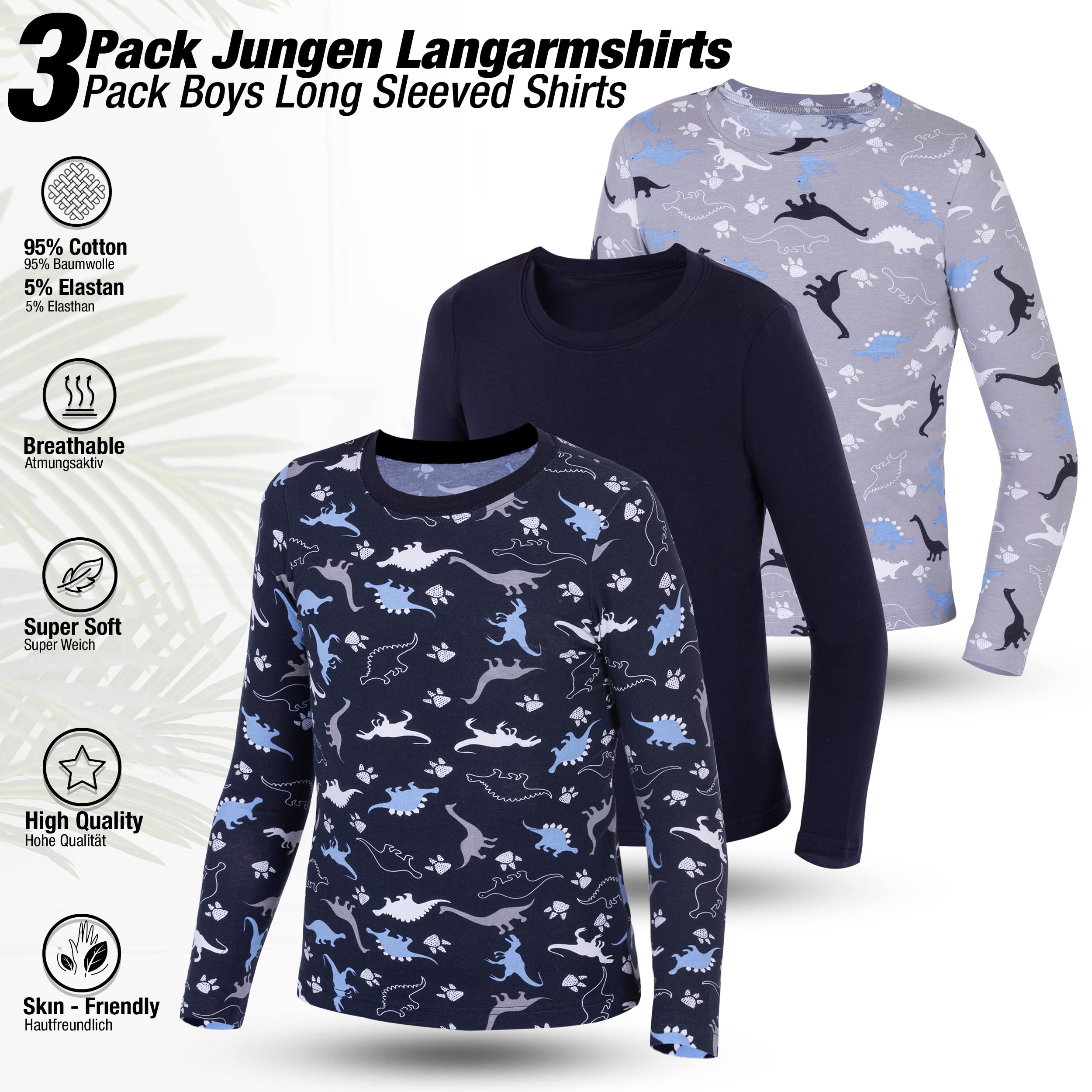 LOREZA ® 3 sous-vêtements Manches Longues Dinosaures Enfants Garçons sous-Vetements Maillots de Corps Chemise