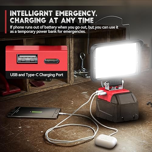 Miniatura 4 de Ecarke Luz de trabajo LED portátil para batería Milwaukee m18 de 18 V, luz de inundación LED de 4800 lúmenes de brillo con puerto de carga USB y