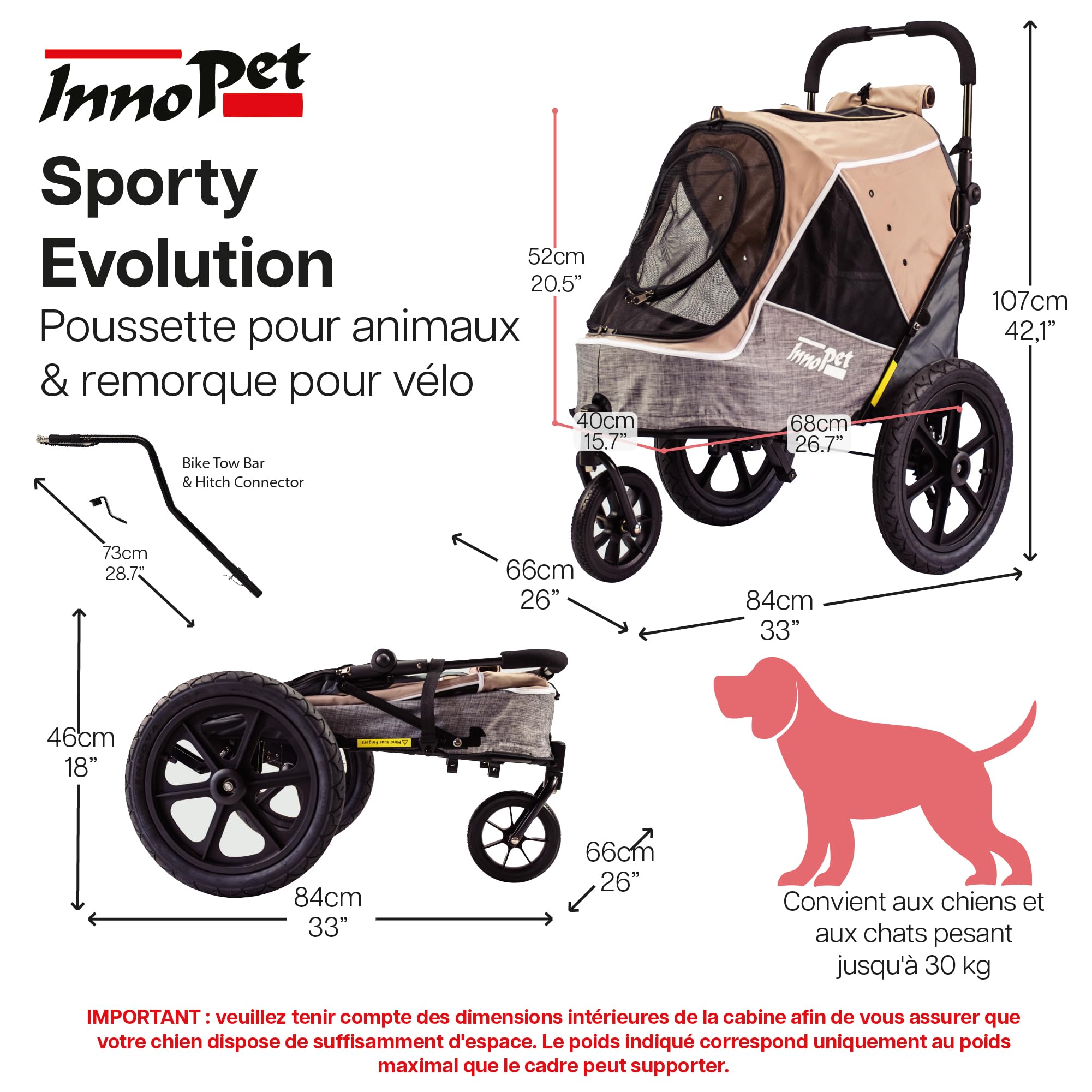 Poussette et remorque pour chien 2 en 1 Innopet Sporty Evolution Latte - Beige/Gris, capacité de 30 kg avec housse de pluie - Poussette pour chat et buggy pour animaux de compagnie