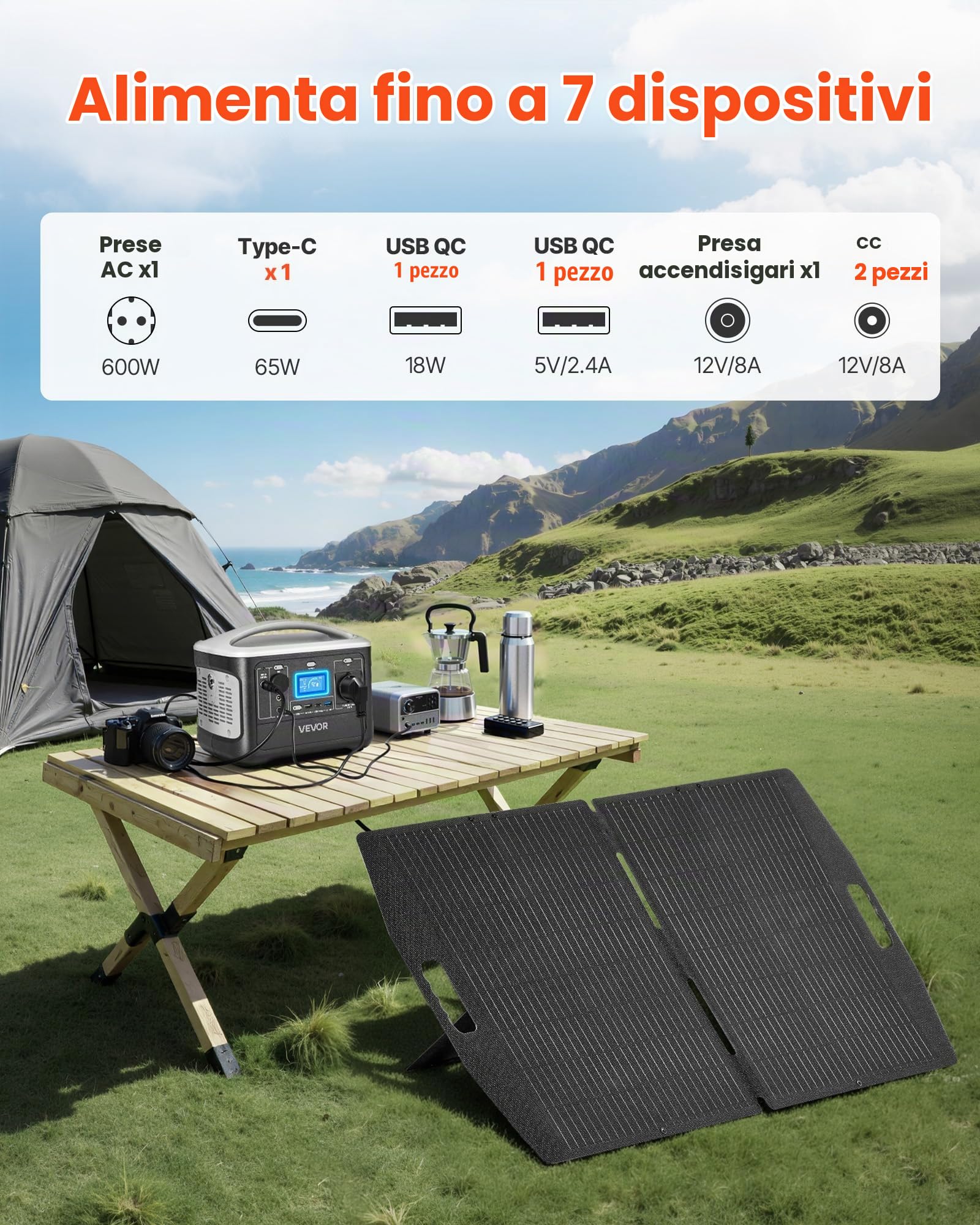 VEVOR Centrale Elettrica Portatile con Pannello Solare da 100 W, Kit di Generatore Solare 600 W Batteria Backup LiFePO4 493 Wh con 7 Porte di Uscita Pannello per Campeggio Viaggio Camper