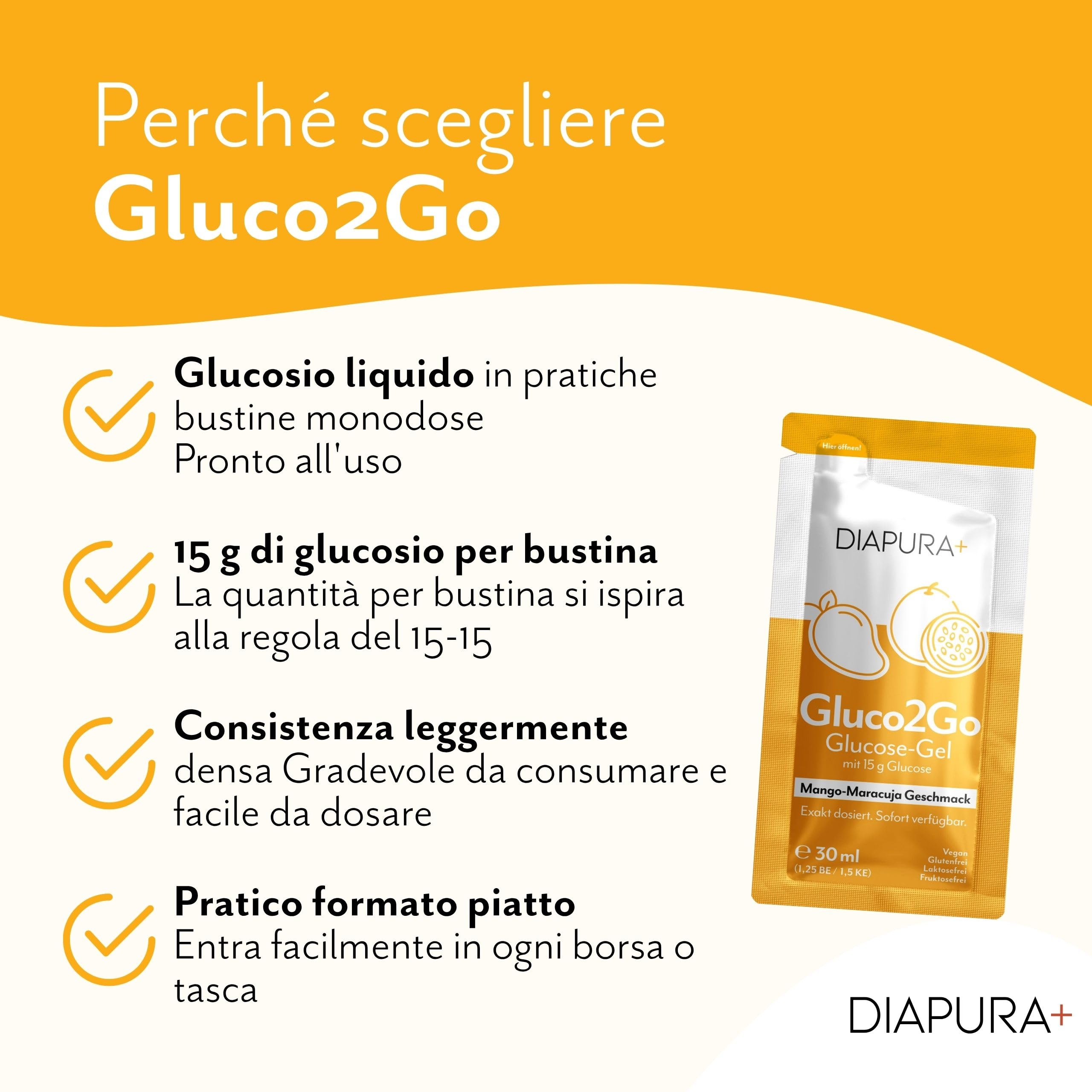 Gluco2Go Gel di glucosio, 15 g di glucosio per porzione, 12 x 30 ml | Glucosio liquido, pronto all'uso, bustine monodose, regola 15-15 per l'ipoglicemia, gusto Mango-Maracuja, Made in Germany