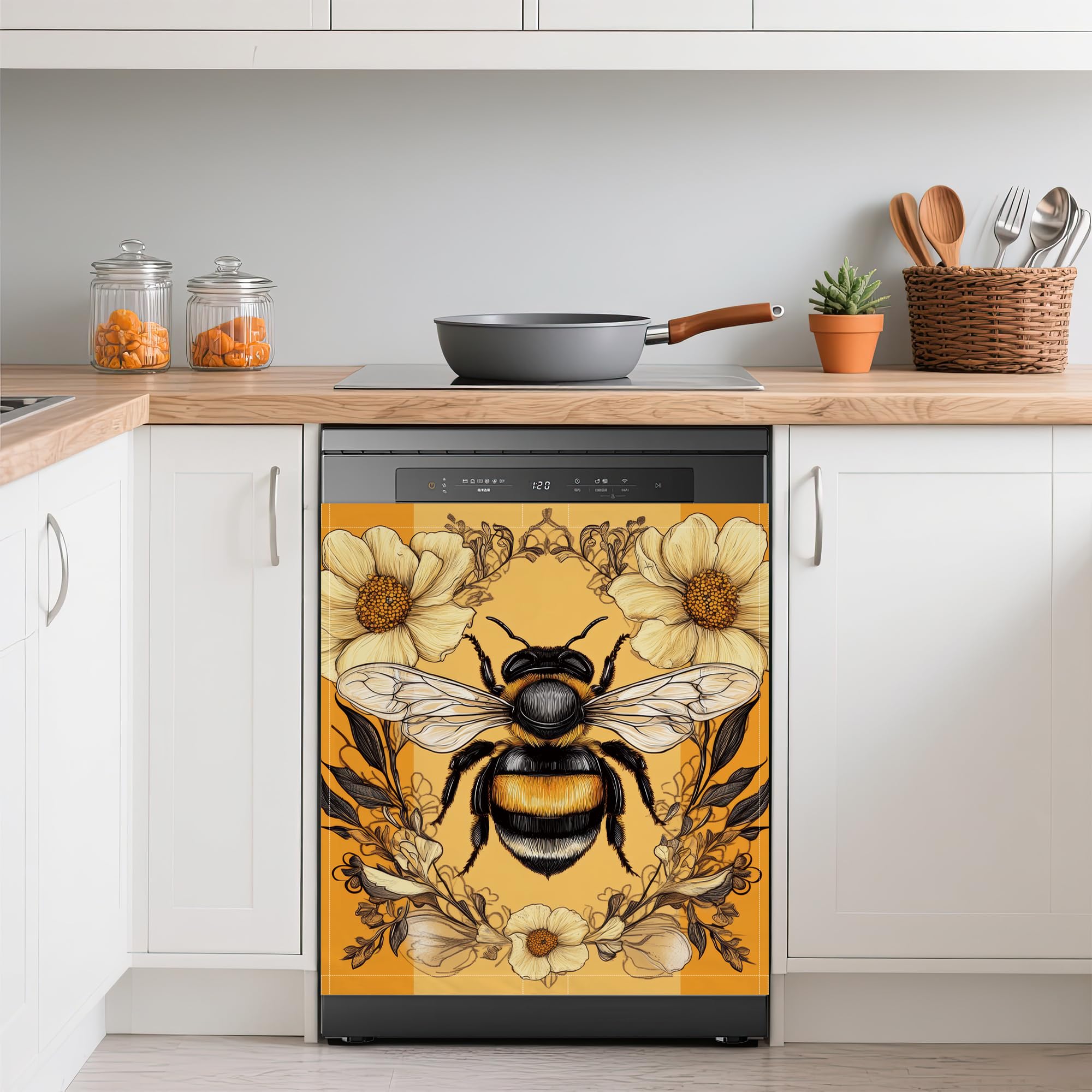 Bee Dishwasher Covers for The Front Magnetic,Yellow Flower Refrigerator Magnets Decoration,Reusable Dishwasher Cover Panel for Home Kitchen Decor 23x26 Inch