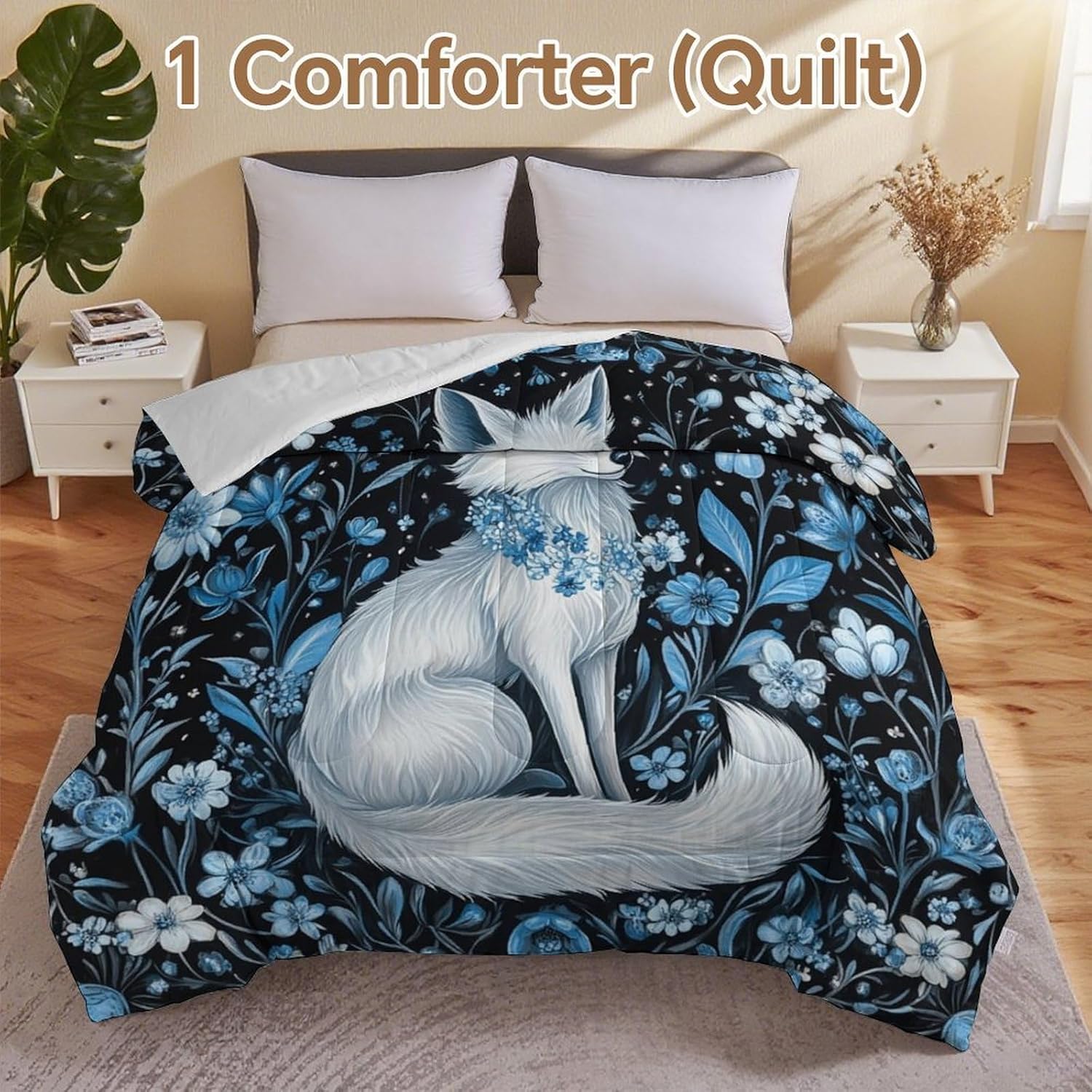 White Fox in Flowers Comforter Bedding Heavy Bed Blanket Soft Warm Fluffy All Seasons Only Quilt 229x229cm