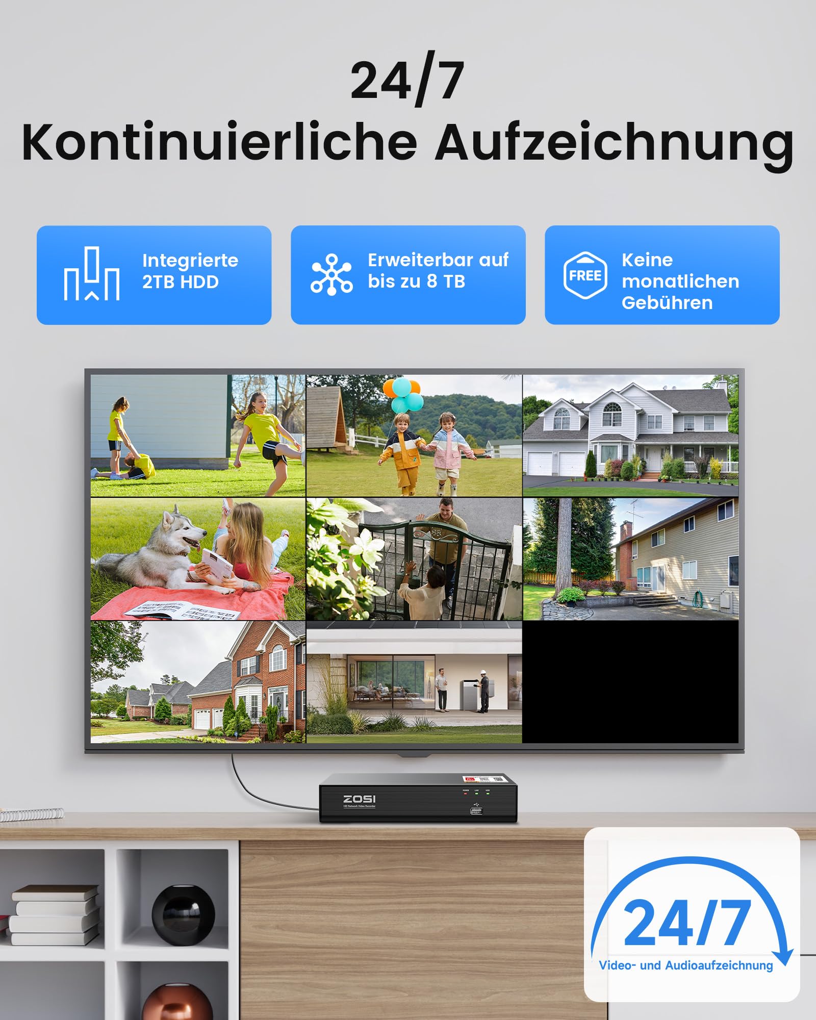 ZOSI 4K PoE Überwachungskamera Set Aussen, 8CH 2TB NVR mit 4X 8MP IP Kameras, Personen- und Fahrzeugerkennung, Audioüberwachung, 30M IR Nachtsicht, 24/7-Aufnahme, C180