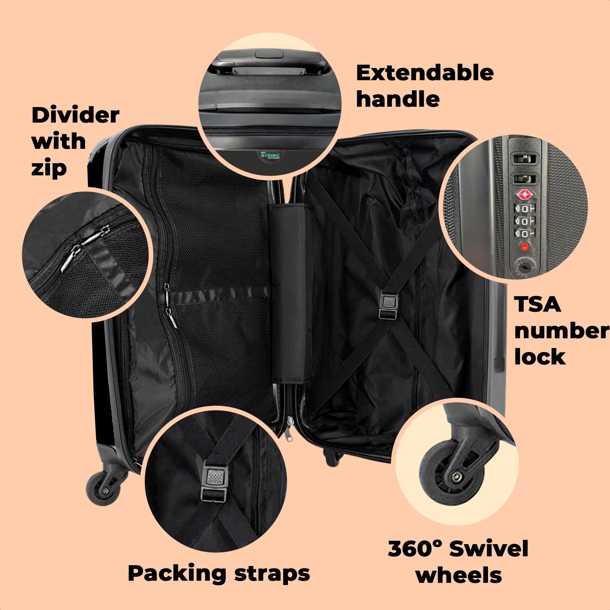 NoBoringSuitcases.com Valigia Grande Media Trolley con Lucchetto TSA, Leggera 23 kg (67cm - 72L) - Lupo Sfondo Nero - Grigio