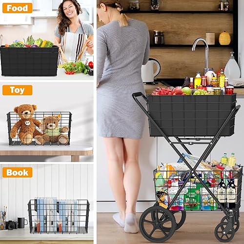 Miniatura 7 de Carrito de compras extra grande de 2 niveles para comestibles, carrito de comestibles con 2 cestas de almacenamiento extraíbles, ruedas giratorias