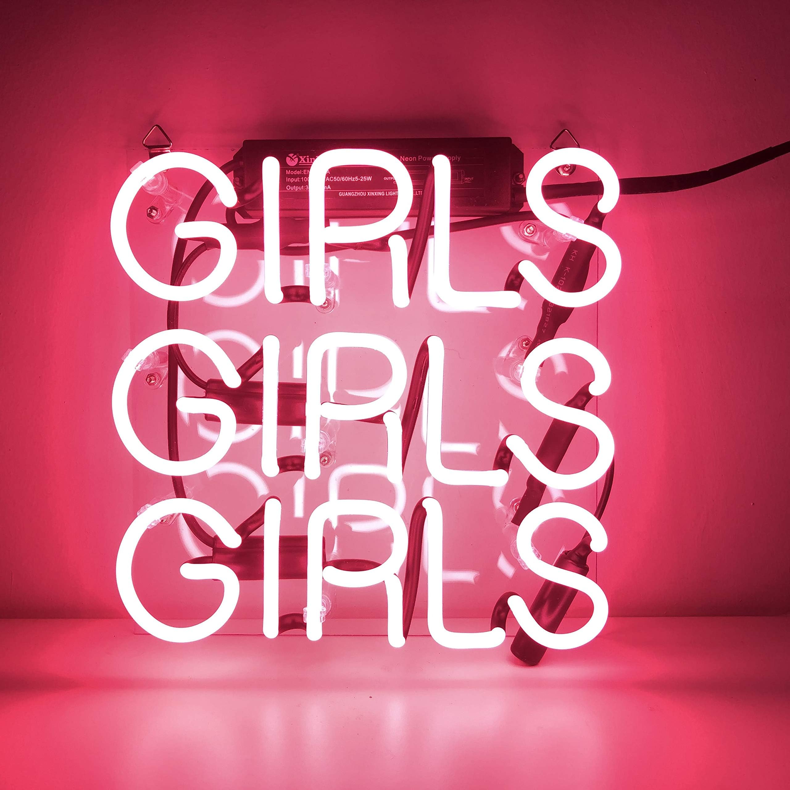 Girls Girls Girls Neon Light Glass Neon Tube Bar Pub Home Room Wall Party Lights Sign Neon Lamp Beach Recreational Game Room Decor Wall Artwork Sign (9"×9")