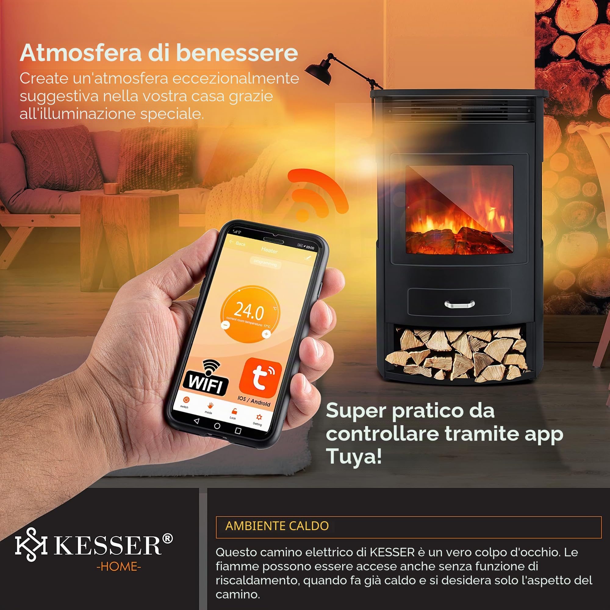 KESSER® Prio Camino Elettrico con Stufa, Termoventilatore, Telecomando, 950/1900 W, Caminetto Elettrico con Effetto Fiamma LED, Rilevamento Finestra Aperta, Fattura Robusta, Telecomando Incluso
