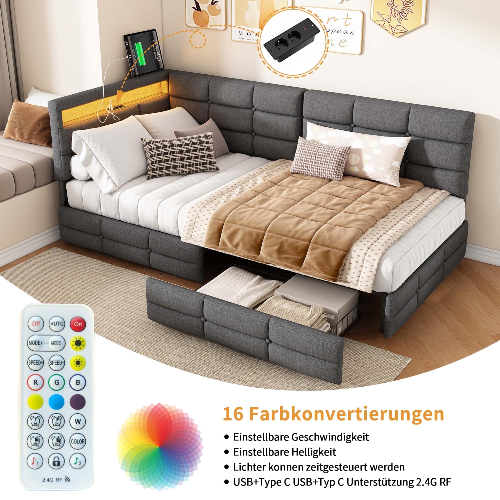 Łóżko pojedyncze z diodami LED i USB, tapicerowane łóżko z funkcją spania, 90 x 200, łóżko młodzieżowe z 2 szufladami, łóżko dzienne ze stelażem, łóżko dla gości, rama łóżka, kolor lniany